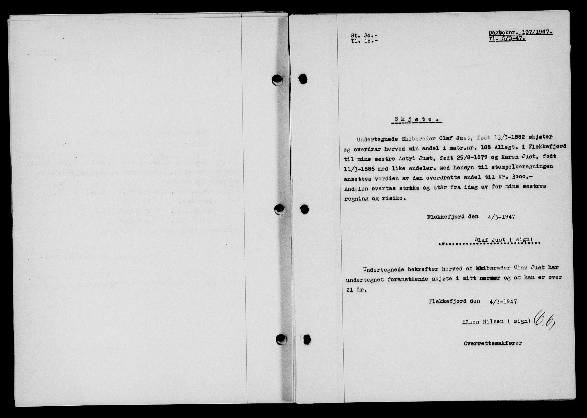 Flekkefjord sorenskriveri, SAK/1221-0001/G/Gb/Gba/L0061: Mortgage book no. A-9, 1946-1947, Diary no: : 197/1947