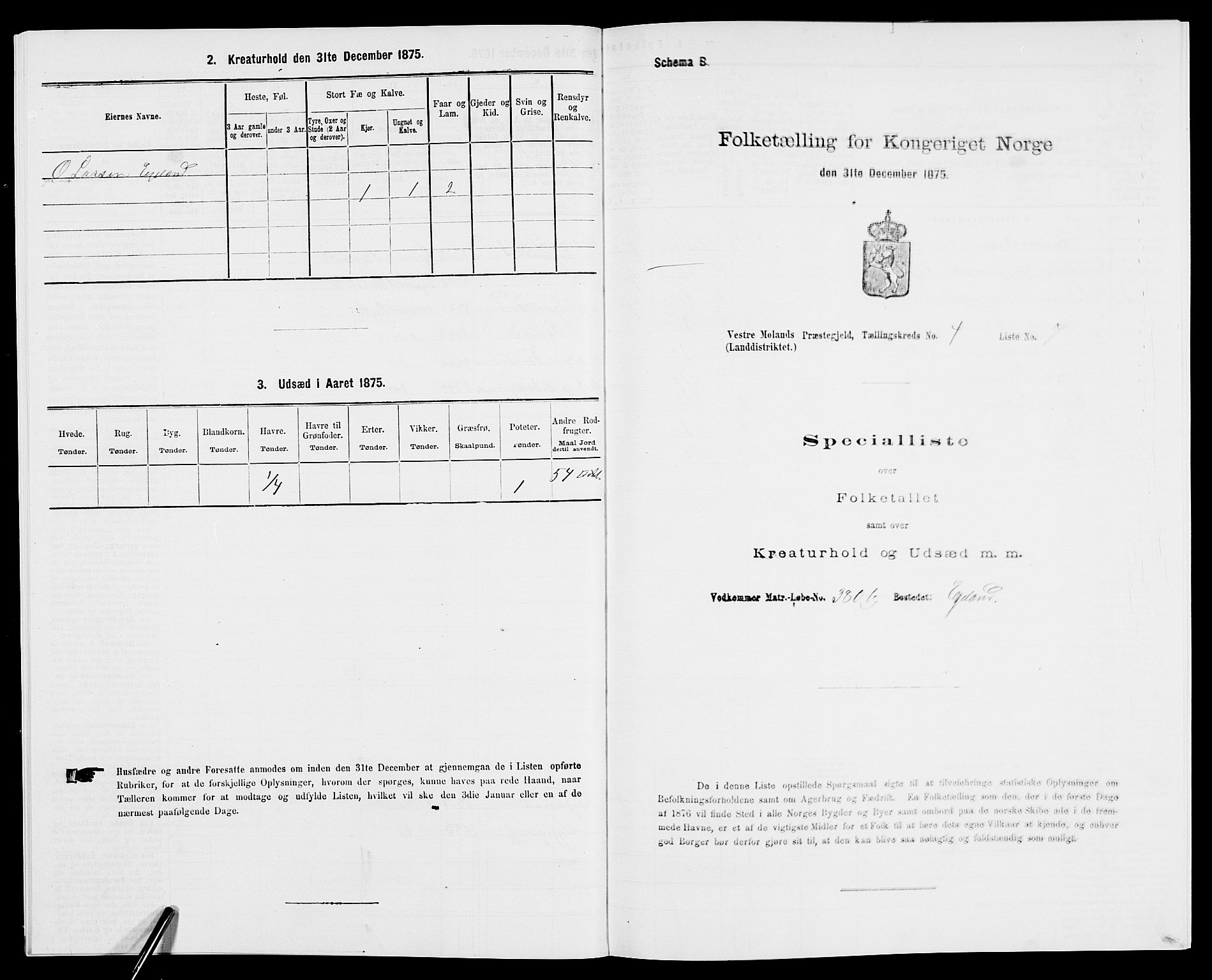 SAK, 1875 census for 0926L Vestre Moland/Vestre Moland, 1875, p. 568