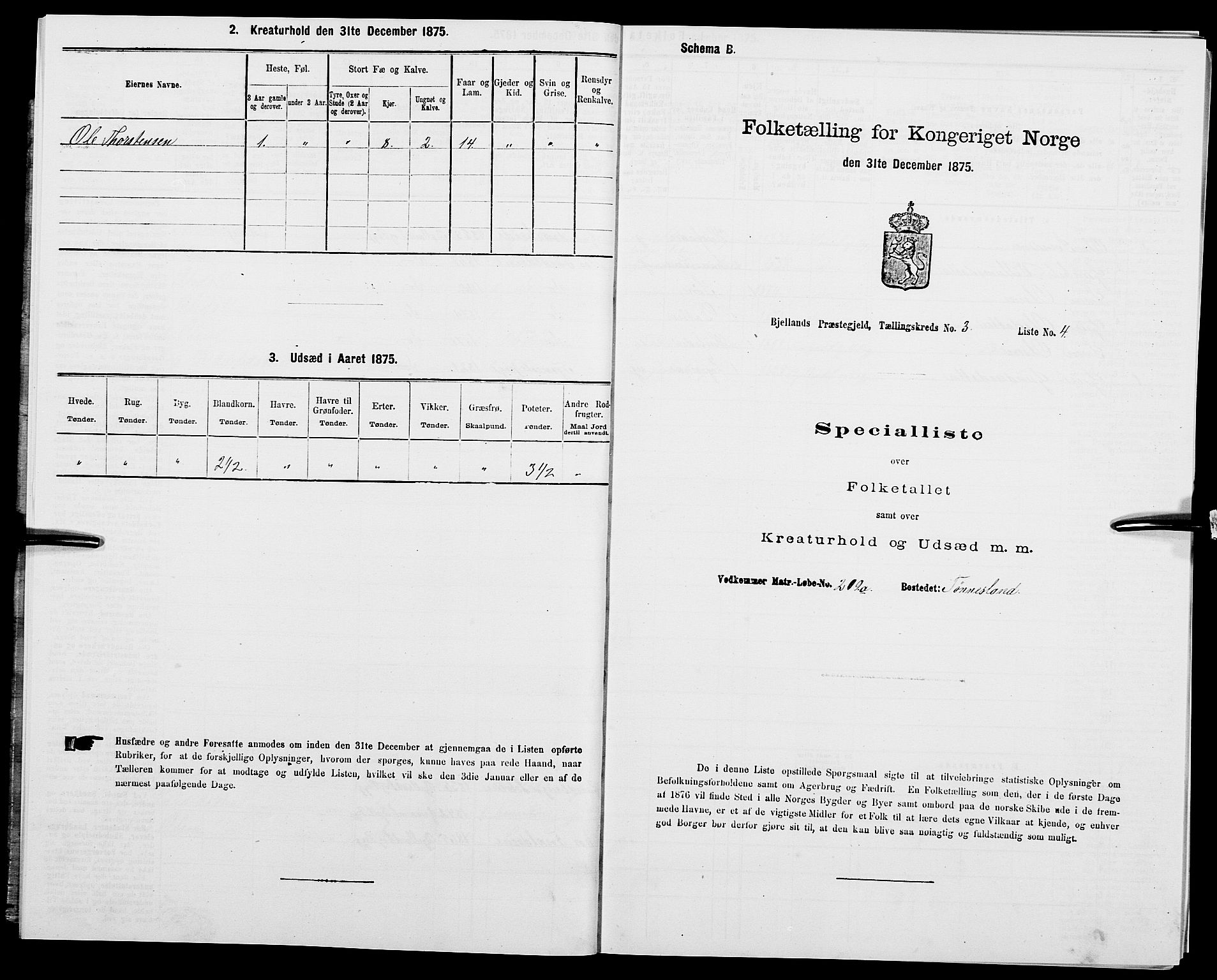 SAK, 1875 census for 1024P Bjelland, 1875, p. 272