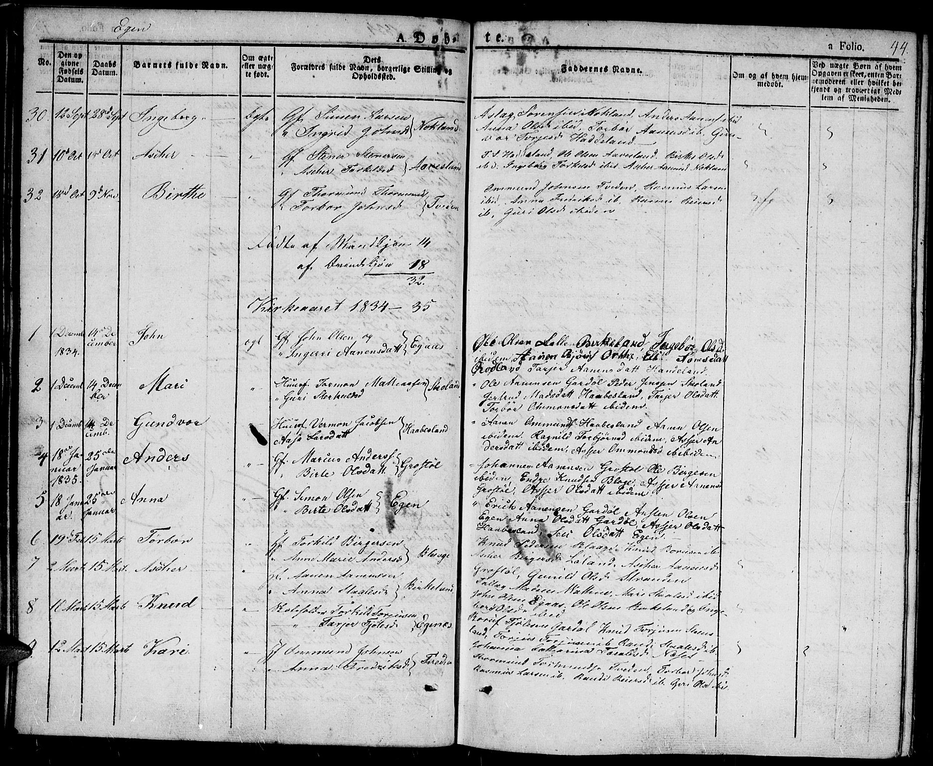 Hægebostad sokneprestkontor, AV/SAK-1111-0024/F/Fa/Fab/L0001: Parish register (official) no. A 1, 1823-1867, p. 44