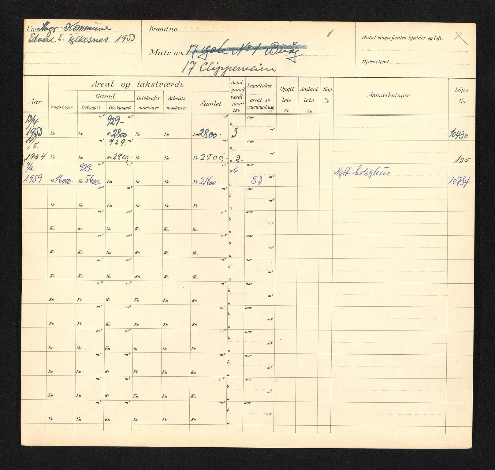 Stavanger kommune. Skattetakstvesenet, BYST/A-0440/F/Fa/Faa/L0009/0003: Skattetakstkort / Clipperveien 15 - Cort Adelers gate 14