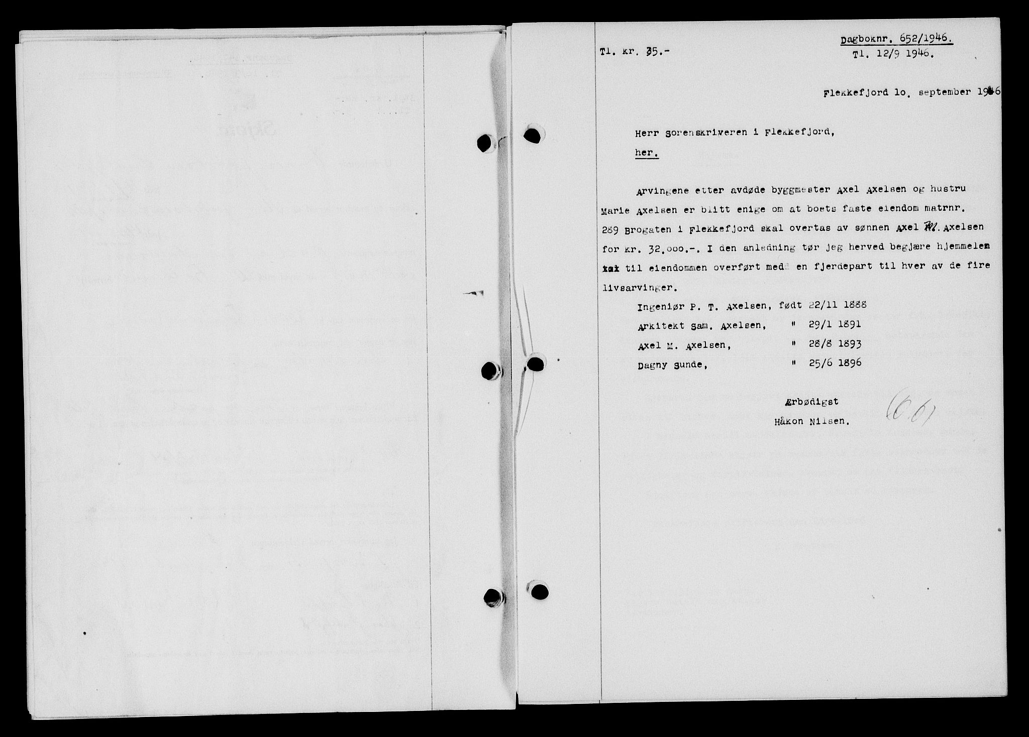 Flekkefjord sorenskriveri, SAK/1221-0001/G/Gb/Gba/L0060: Mortgage book no. A-8, 1945-1946, Diary no: : 652/1946
