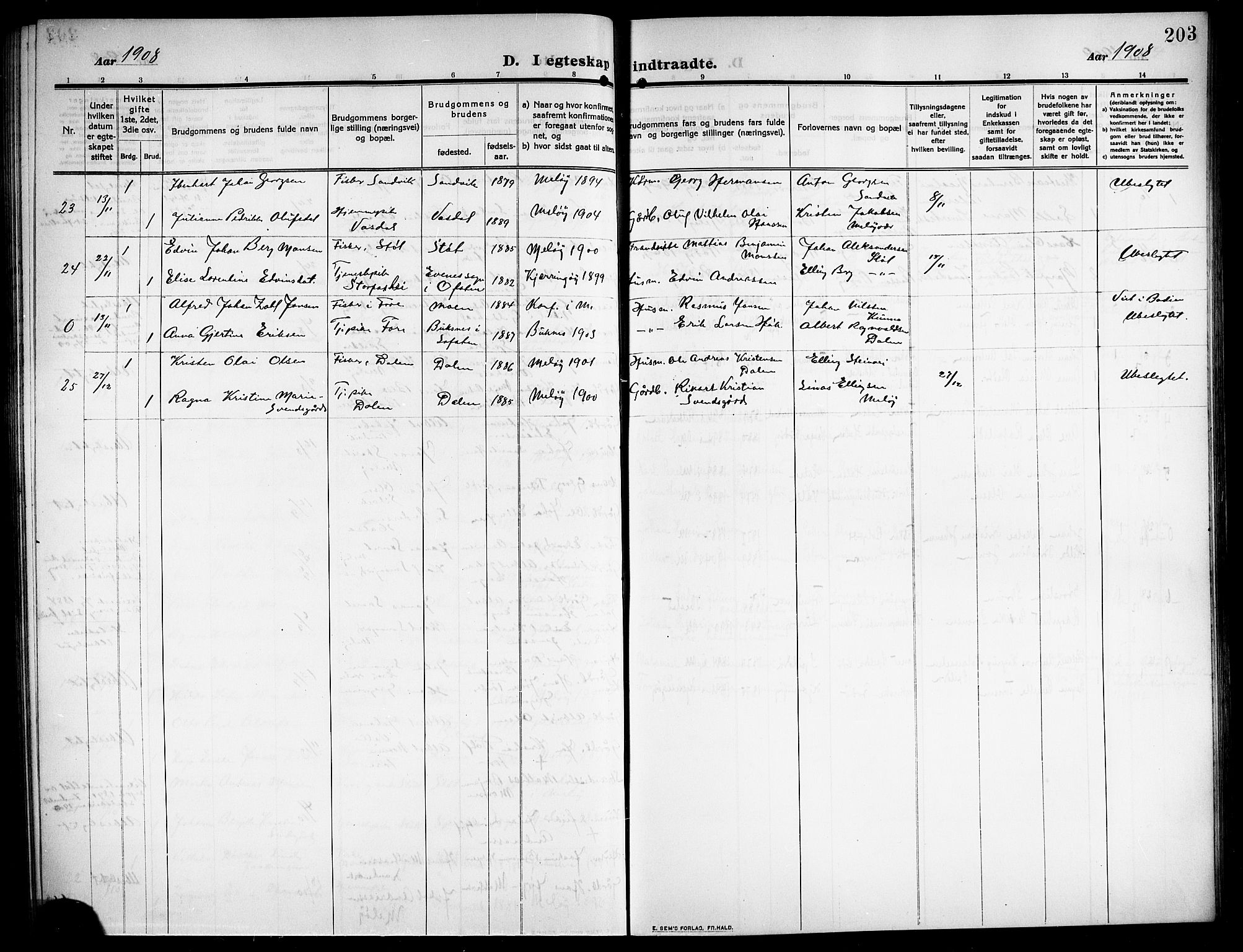 Ministerialprotokoller, klokkerbøker og fødselsregistre - Nordland, AV/SAT-A-1459/843/L0639: Parish register (copy) no. 843C08, 1908-1924, p. 203