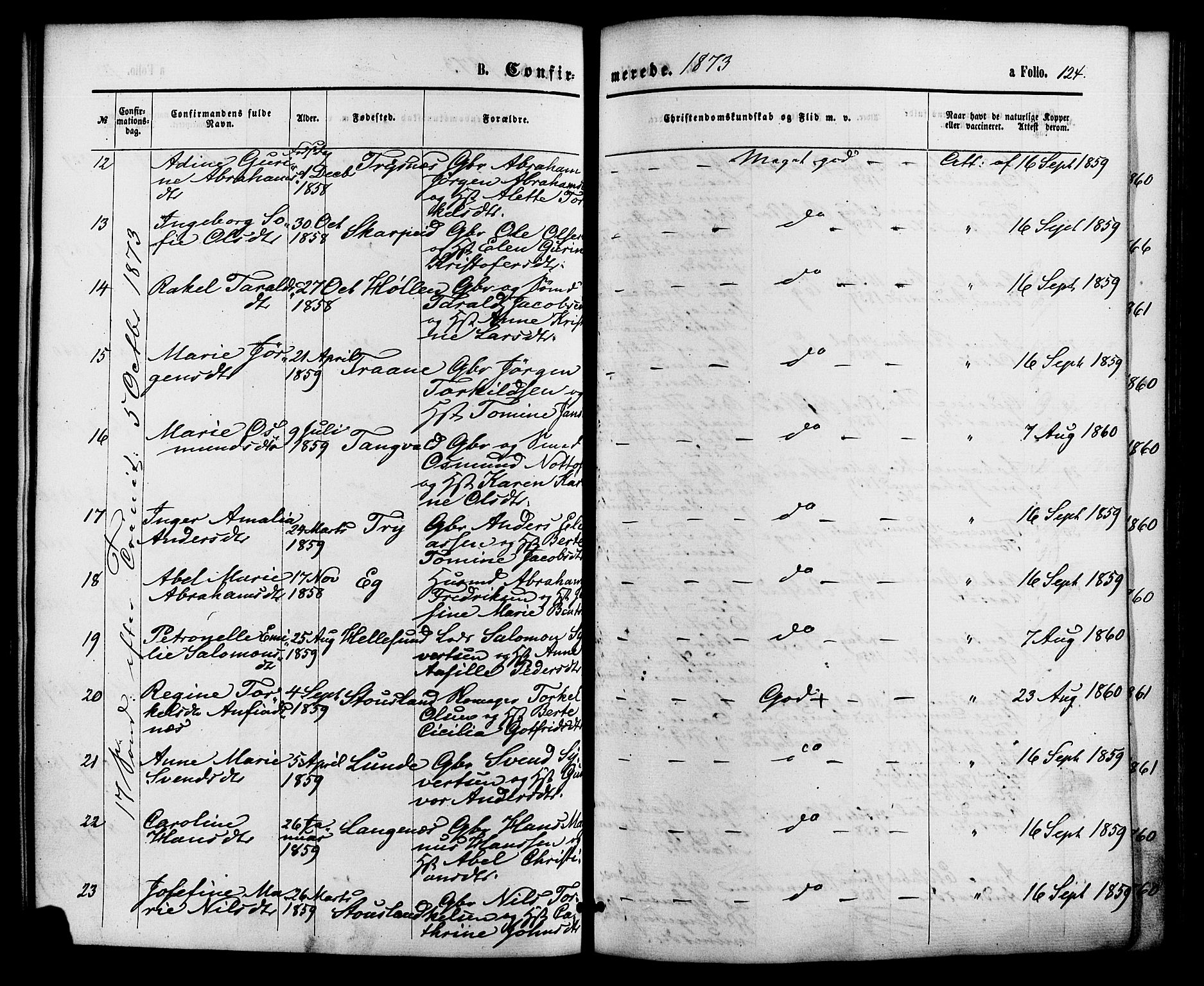 Søgne sokneprestkontor, SAK/1111-0037/F/Fa/Fab/L0011: Parish register (official) no. A 11, 1869-1879, p. 124