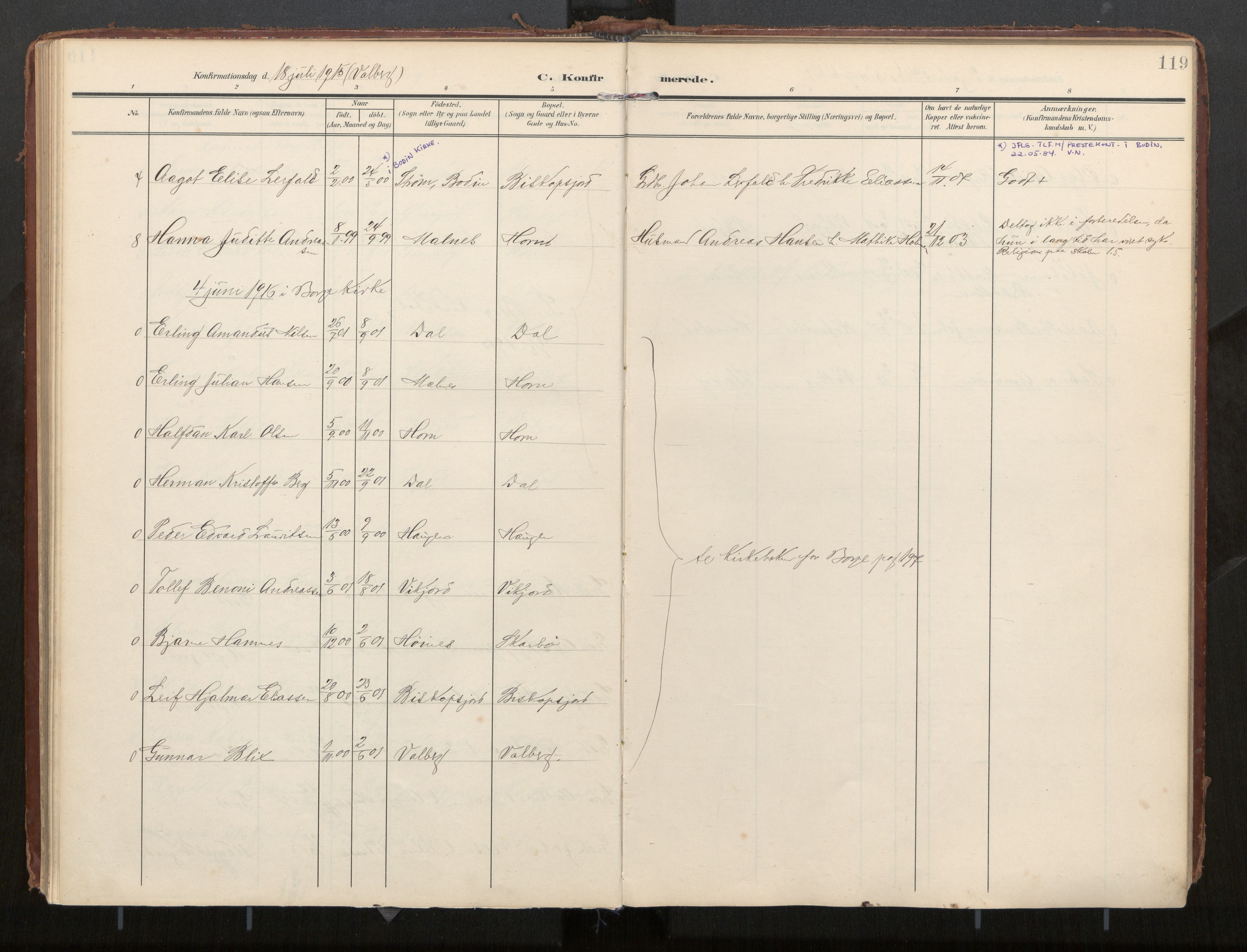 Ministerialprotokoller, klokkerbøker og fødselsregistre - Nordland, AV/SAT-A-1459/884/L1194: Parish register (official) no. 884A02, 1906-1937, p. 119