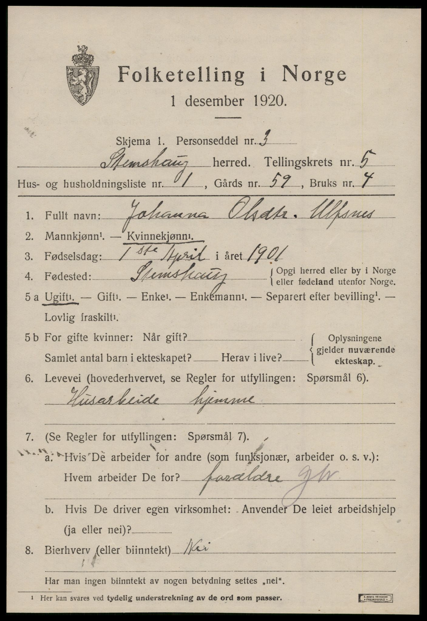 SAT, 1920 census for Stemshaug, 1920, p. 1896