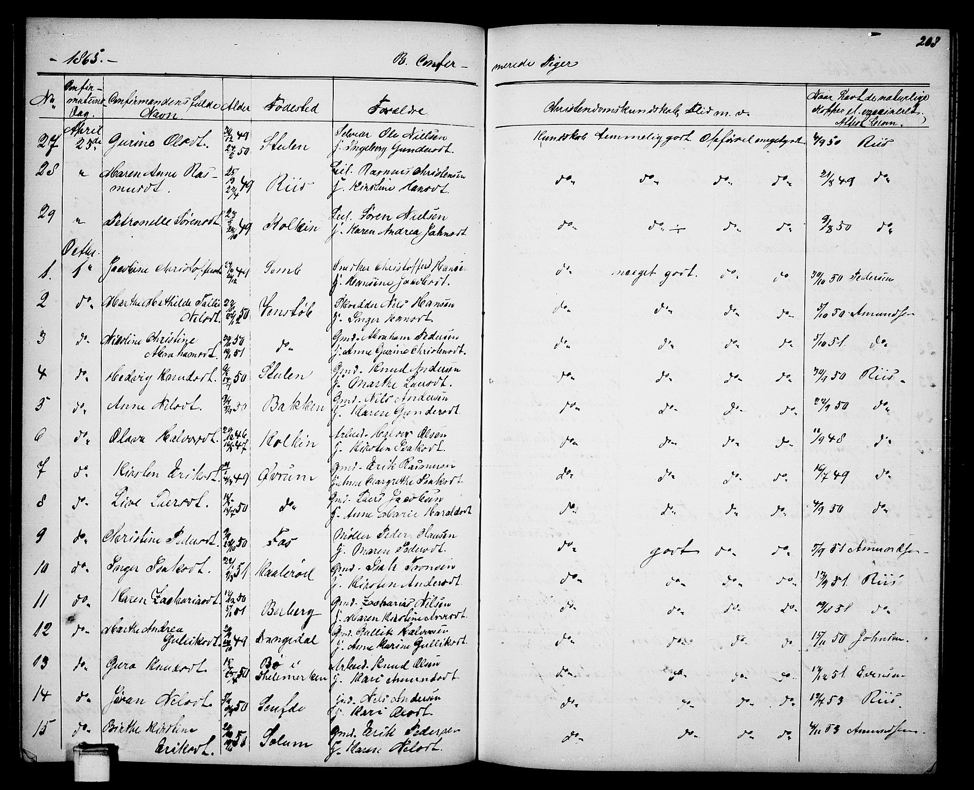 Gjerpen kirkebøker, SAKO/A-265/G/Ga/L0001: Parish register (copy) no. I 1, 1864-1882, p. 208