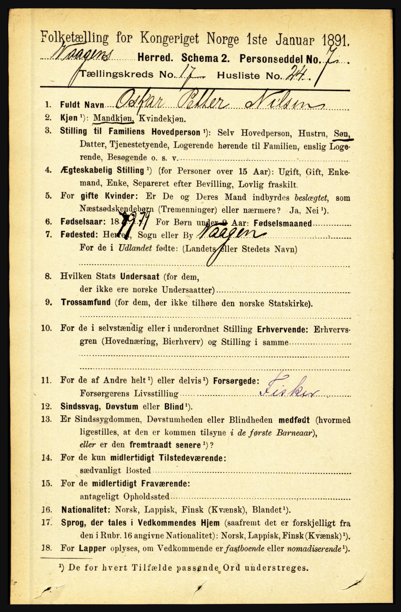 RA, 1891 census for 1865 Vågan, 1891, p. 5061