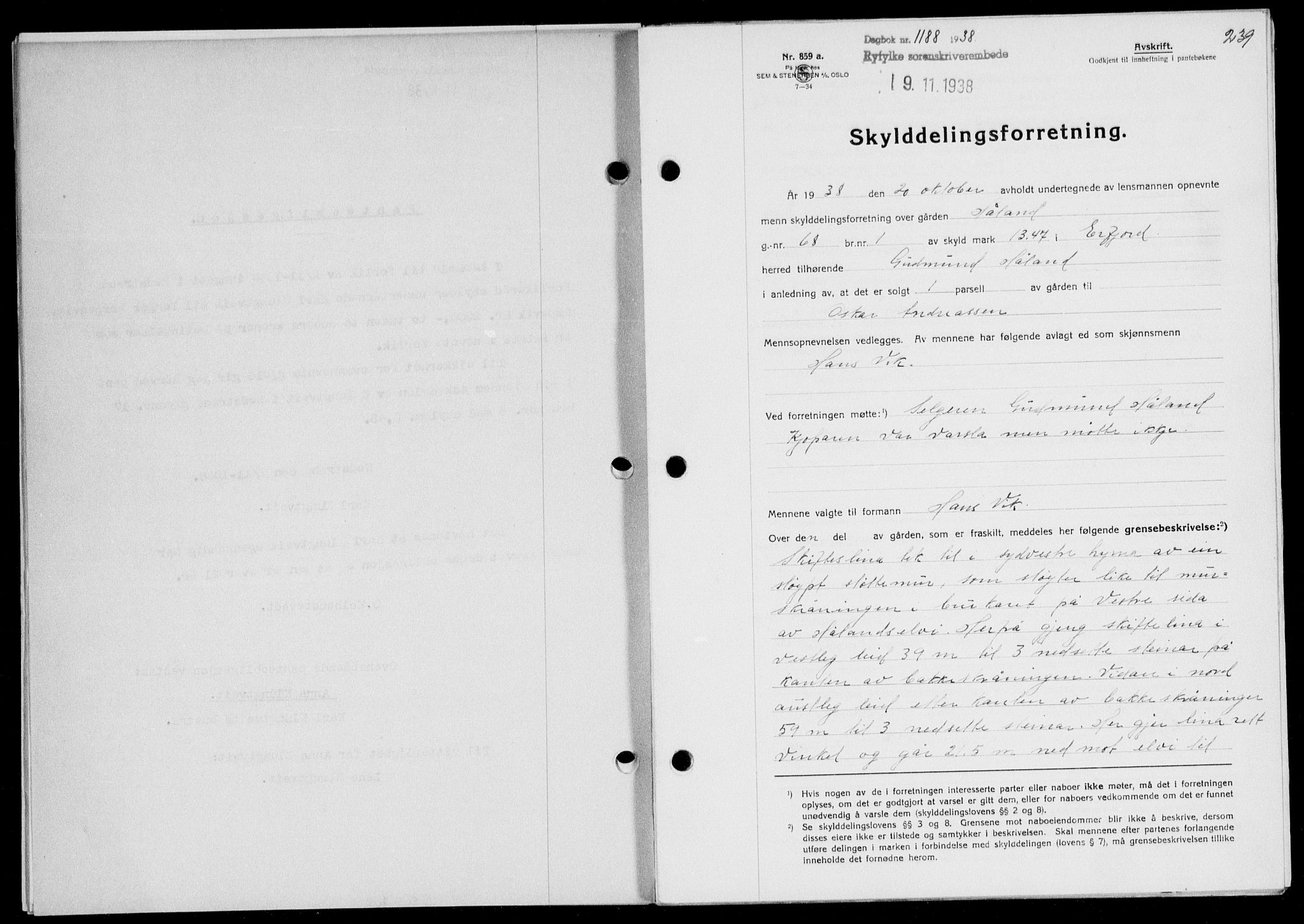 Ryfylke tingrett, SAST/A-100055/001/II/IIB/L0078: Mortgage book no. 57, 1938-1938, Diary no: : 1188/1938