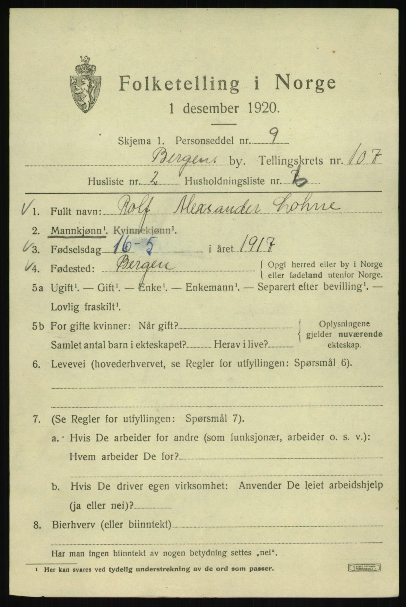 SAB, 1920 census for Bergen, 1920, p. 184868