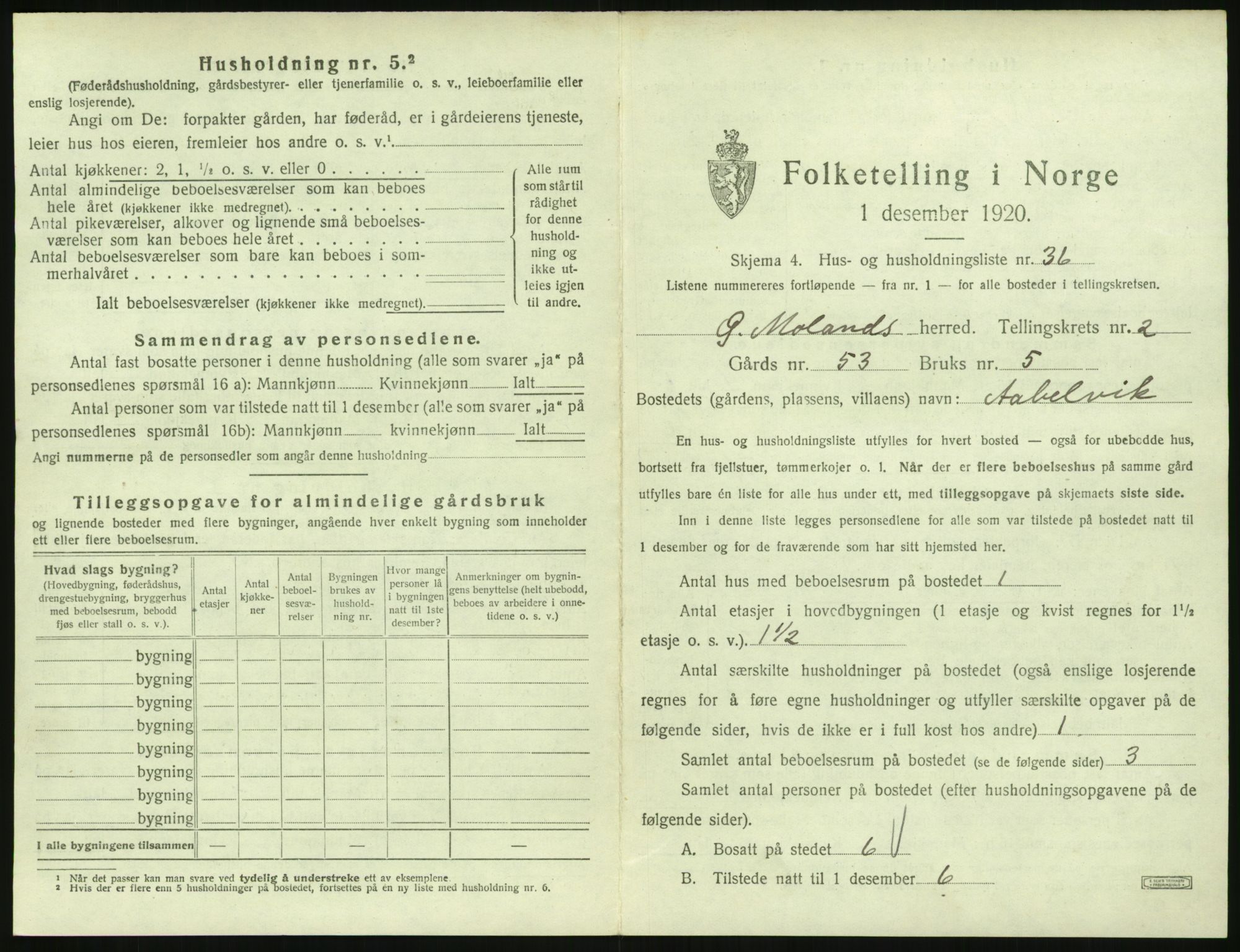 SAK, 1920 census for Austre Moland, 1920, p. 213