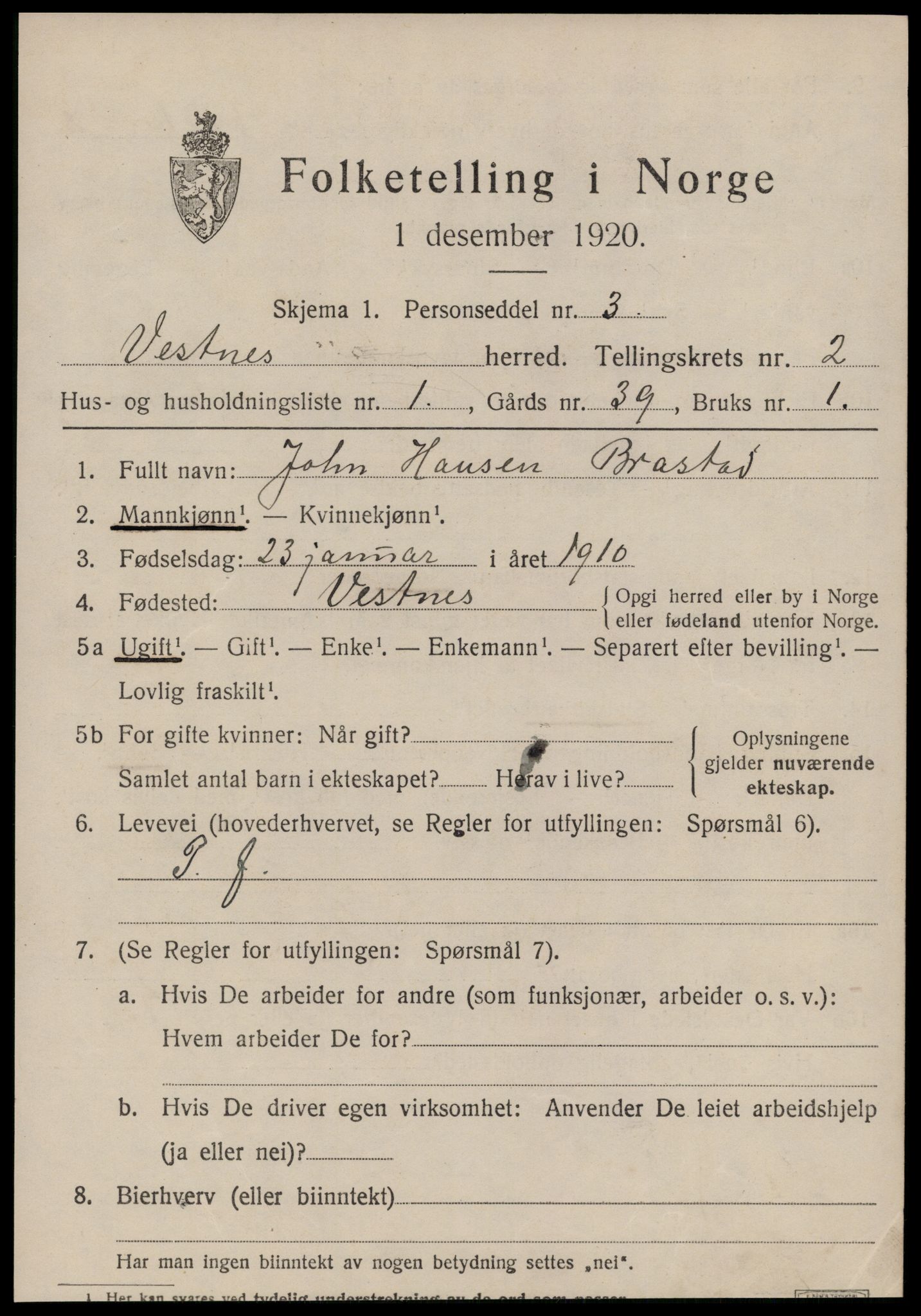 SAT, 1920 census for Vestnes, 1920, p. 1941