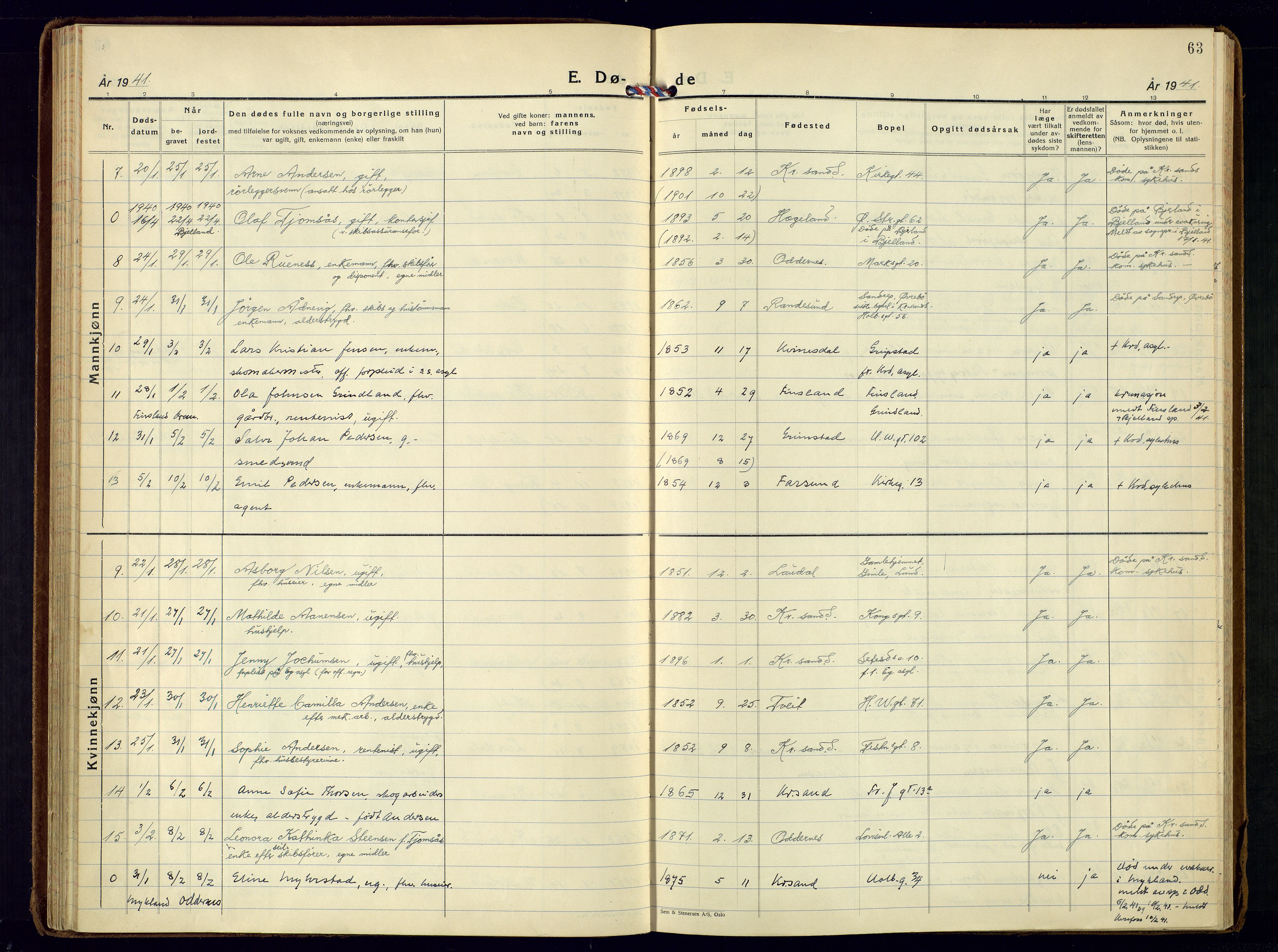 Kristiansand domprosti, AV/SAK-1112-0006/F/Fa/L0037: Parish register (official) no. A-36, 1937-1947, p. 63