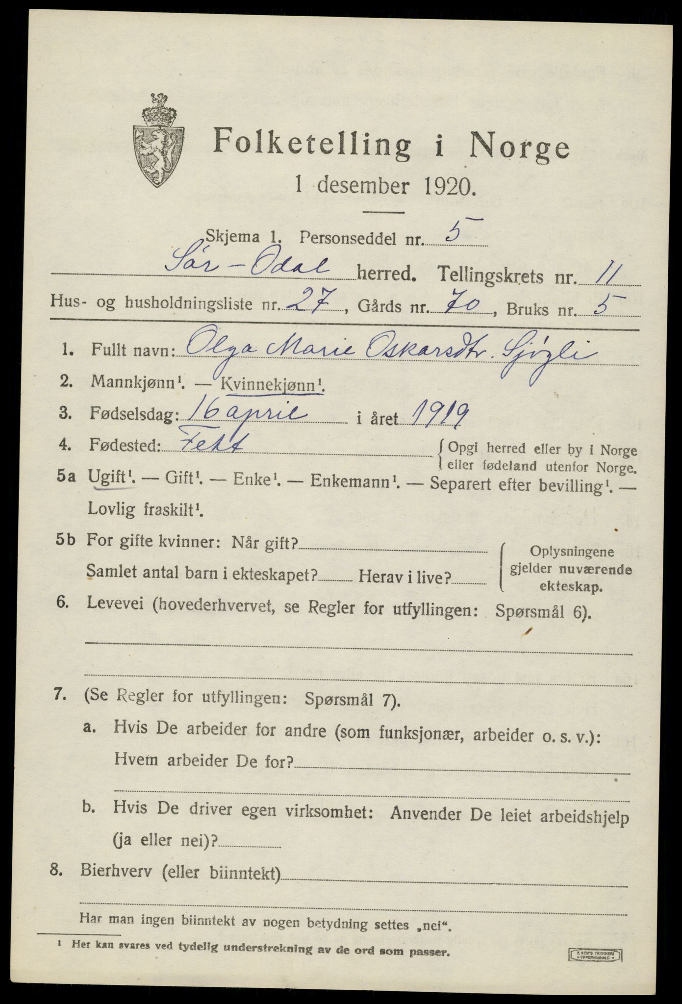 SAH, 1920 census for Sør-Odal, 1920, p. 12121