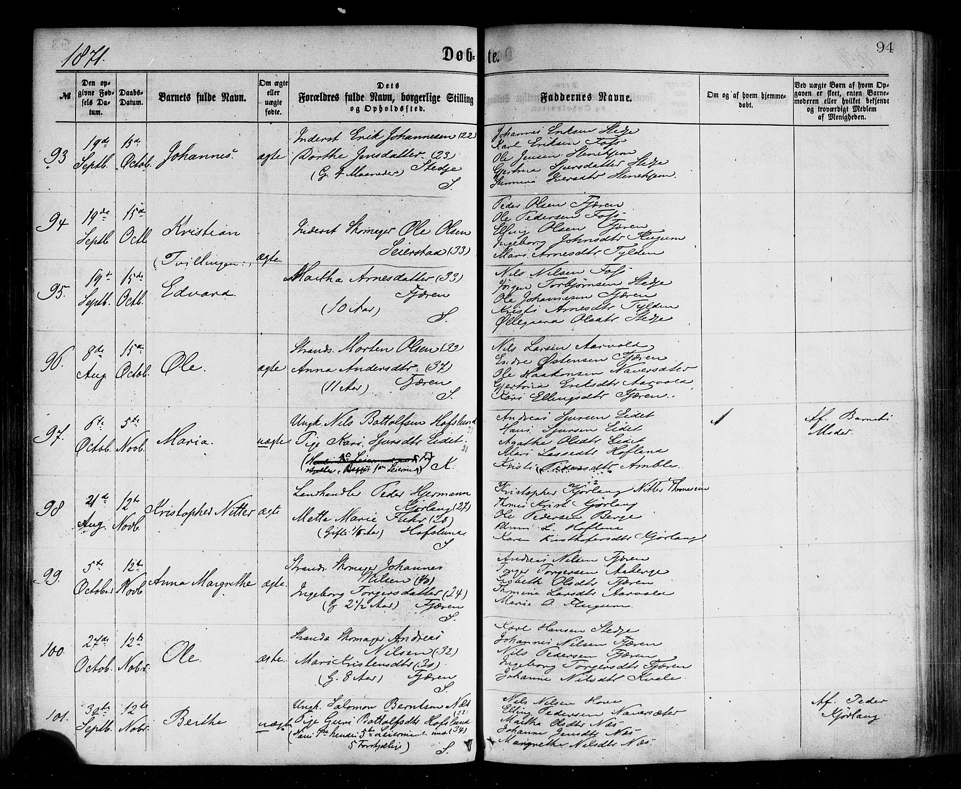 Sogndal sokneprestembete, SAB/A-81301/H/Haa/Haaa/L0014: Parish register (official) no. A 14, 1864-1877, p. 94