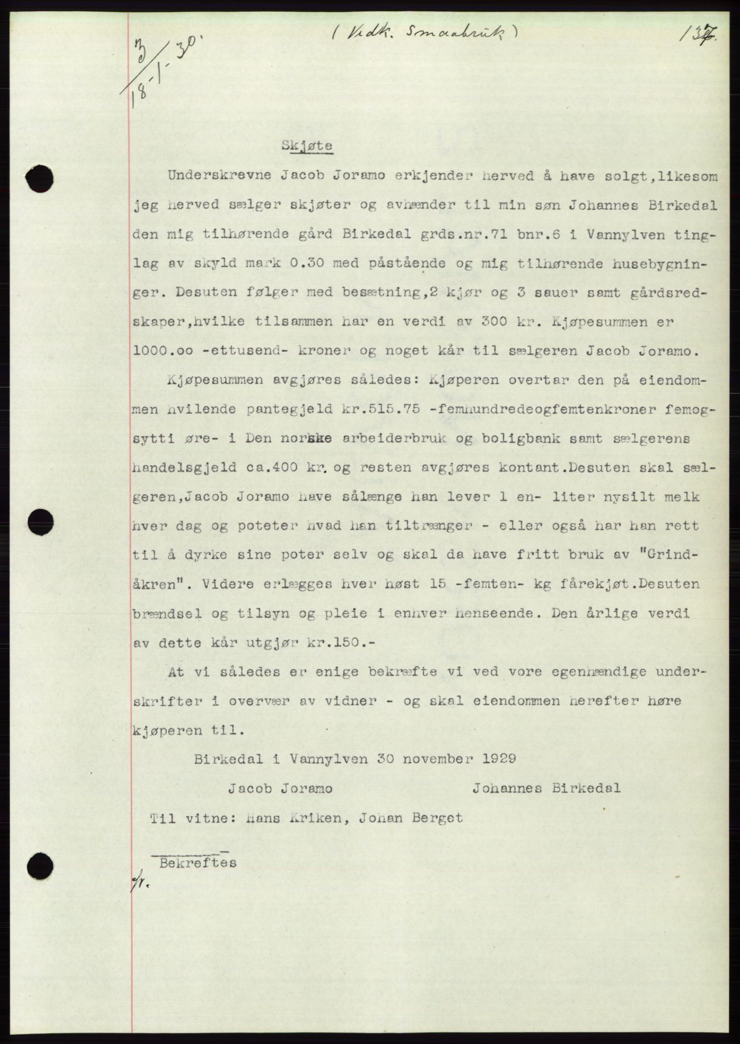 Søre Sunnmøre sorenskriveri, SAT/A-4122/1/2/2C/L0050: Mortgage book no. 44, 1929-1930, Deed date: 18.01.1930