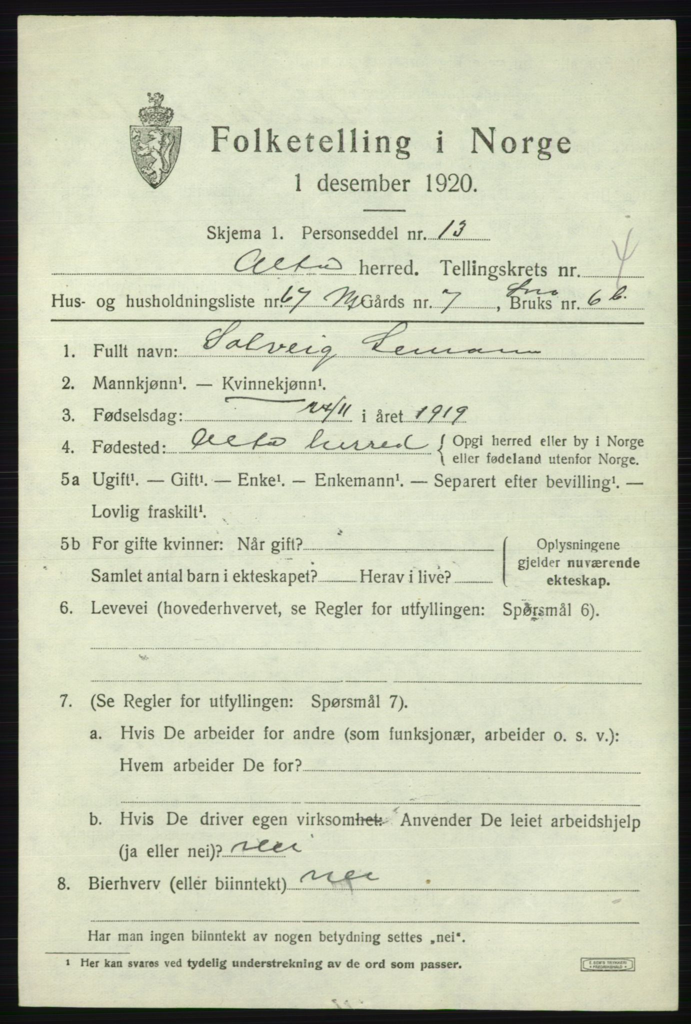 SATØ, 1920 census for Alta, 1920, p. 3293