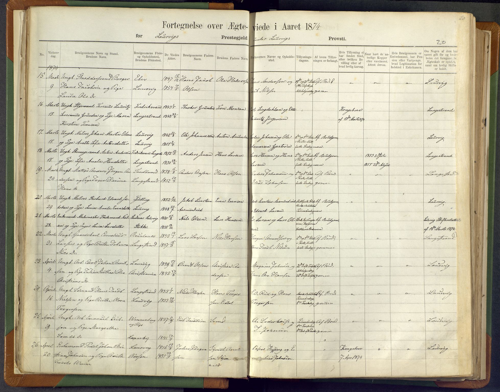 Larvik kirkebøker, AV/SAKO-A-352/F/Fa/L0007: Parish register (official) no. I 7, 1871-1883, p. 20