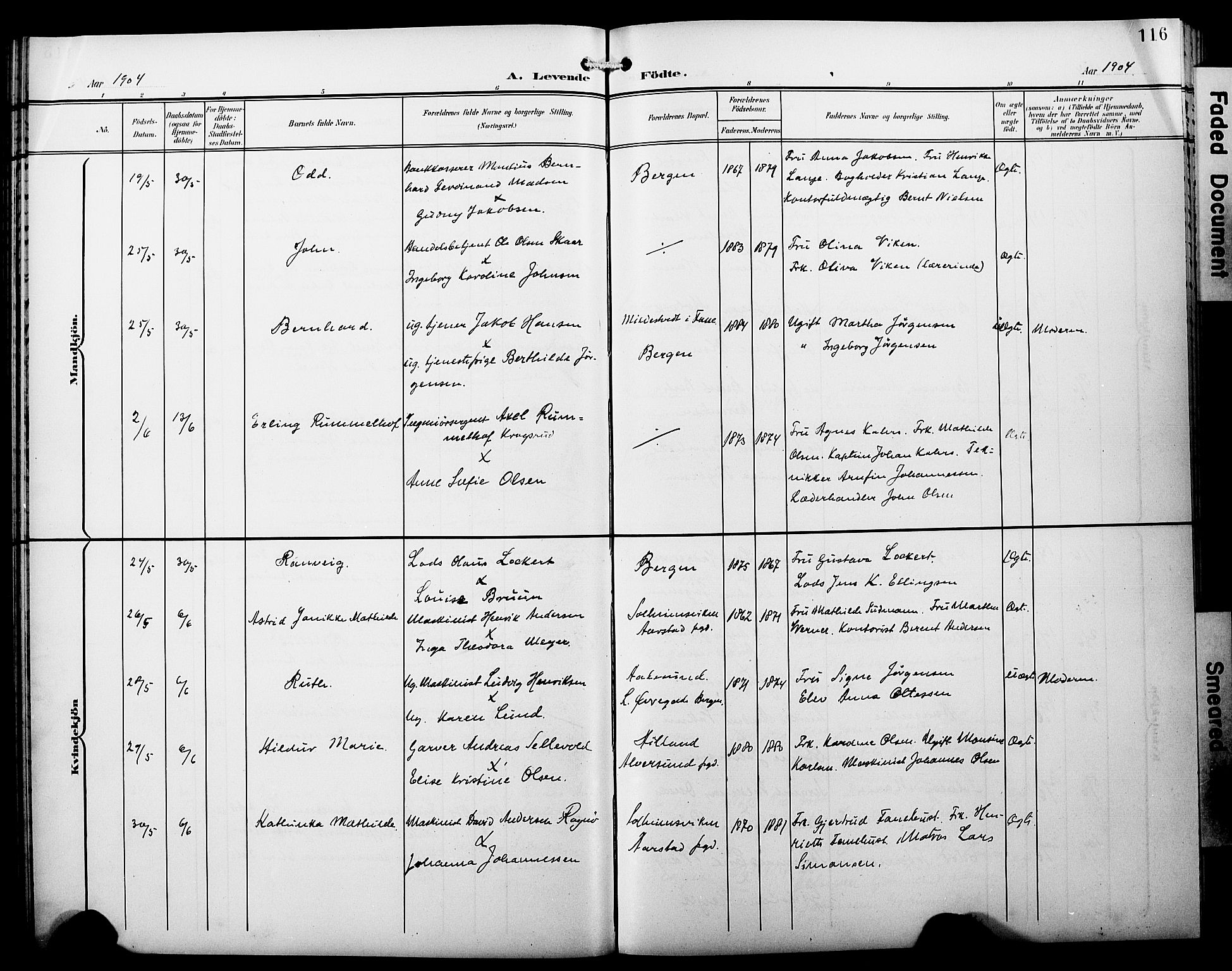 Fødselsstiftelsens sokneprestembete*, SAB/-: Parish register (copy) no. A 1, 1900-1909, p. 116