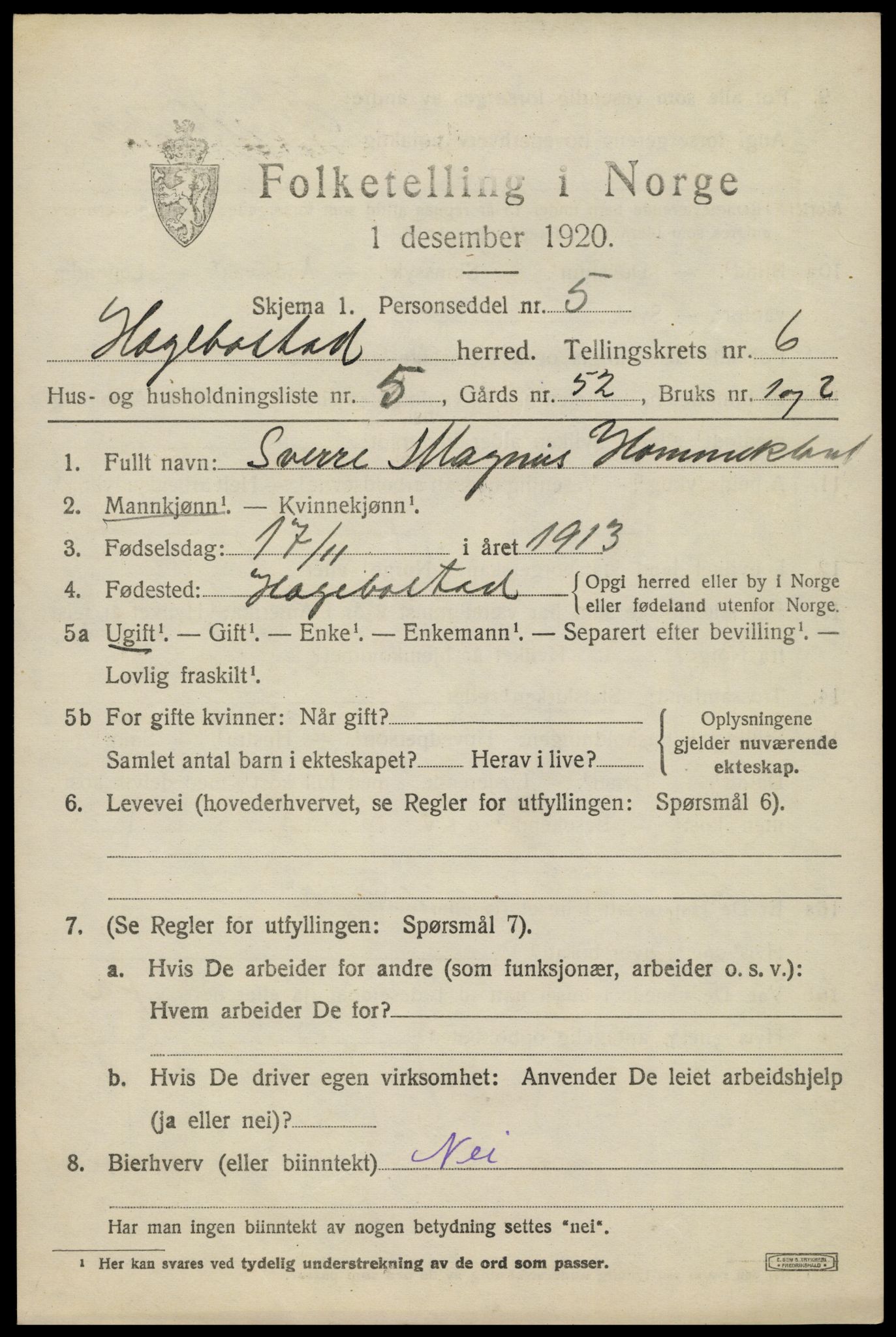 SAK, 1920 census for Hægebostad, 1920, p. 2029