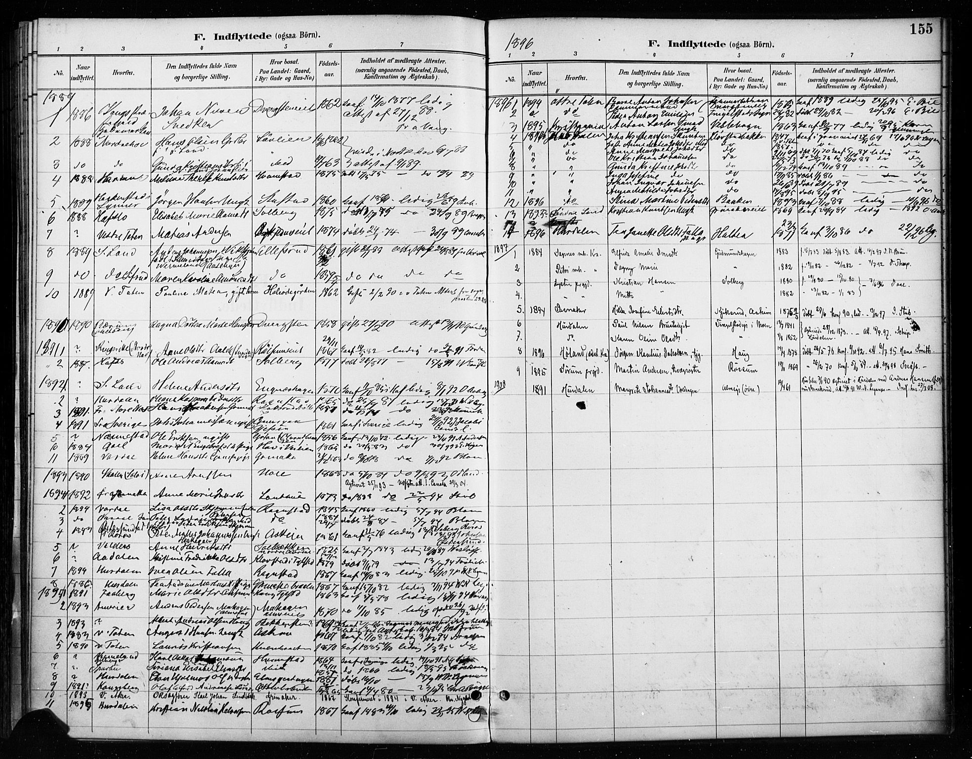 Gran prestekontor, SAH/PREST-112/H/Ha/Haa/L0018: Parish register (official) no. 18, 1889-1899, p. 155