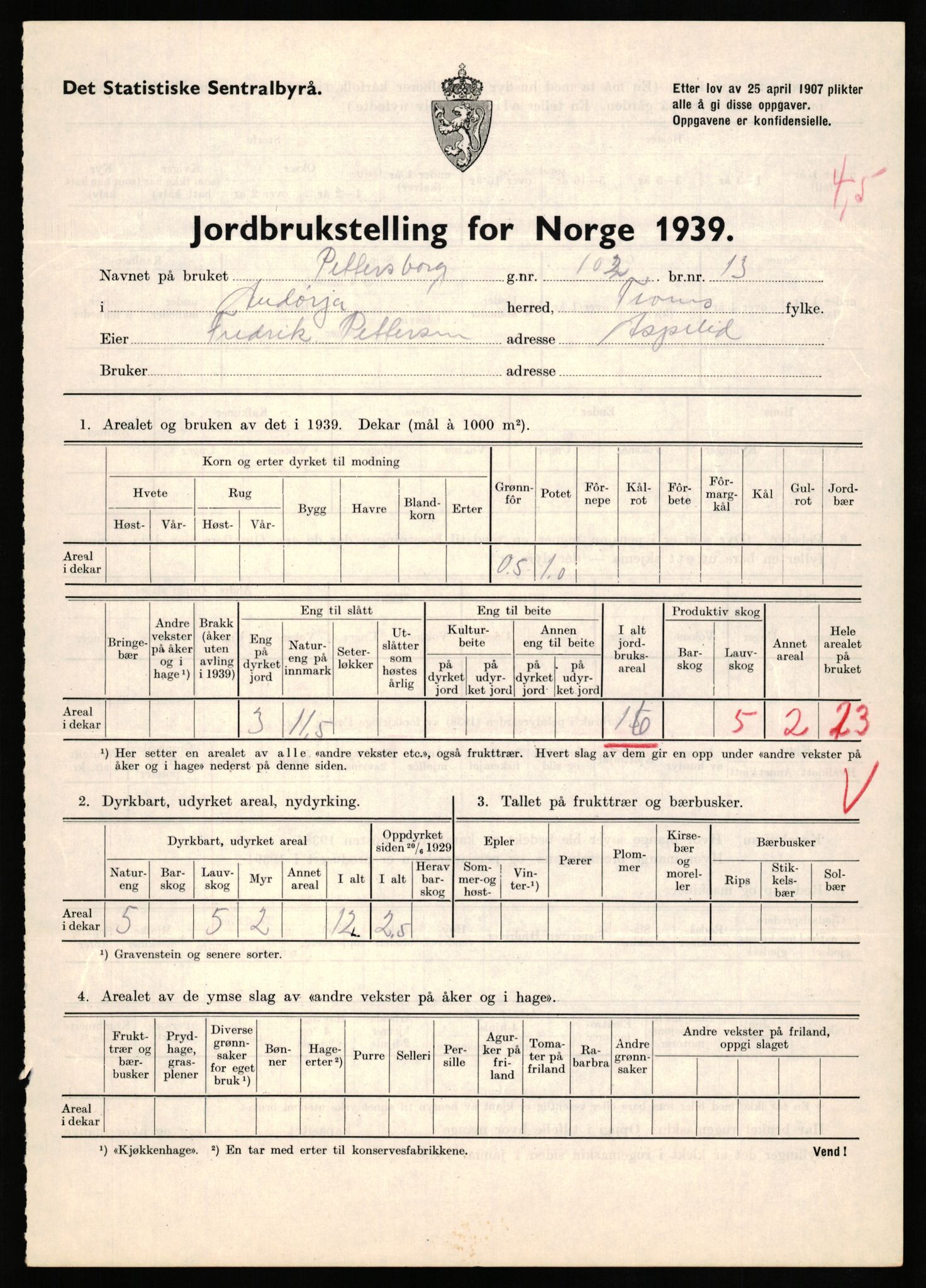 Statistisk sentralbyrå, Næringsøkonomiske emner, Jordbruk, skogbruk, jakt, fiske og fangst, AV/RA-S-2234/G/Gb/L0339: Troms: Andørja, Astafjord og Lavangen, 1939, p. 544