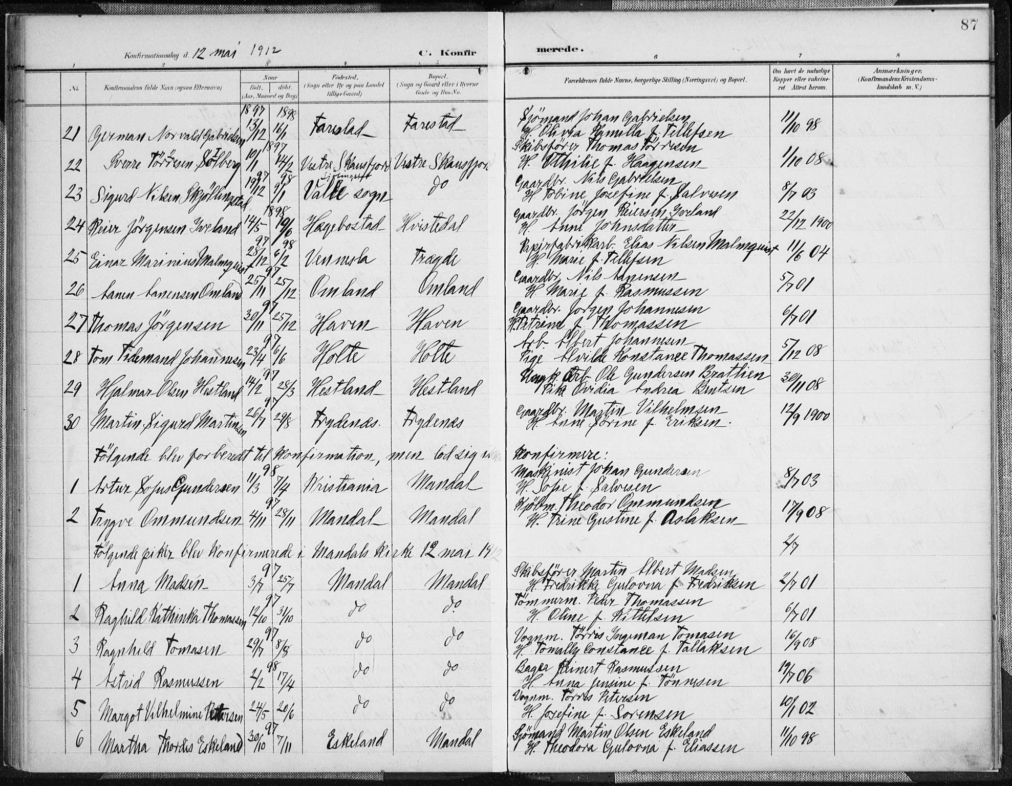 Mandal sokneprestkontor, AV/SAK-1111-0030/F/Fa/Faa/L0019: Parish register (official) no. A 19, 1902-1912, p. 87