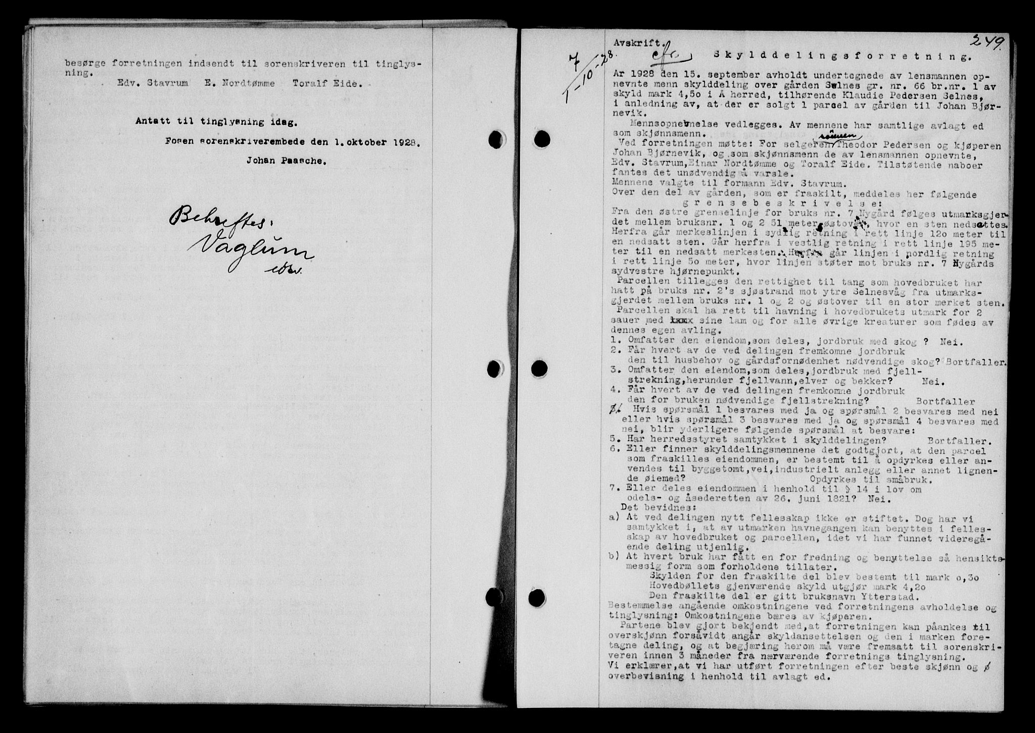 Fosen sorenskriveri, SAT/A-1107/1/2/2C/L0067: Mortgage book no. 58, 1928-1929, p. 249, Deed date: 01.10.1928