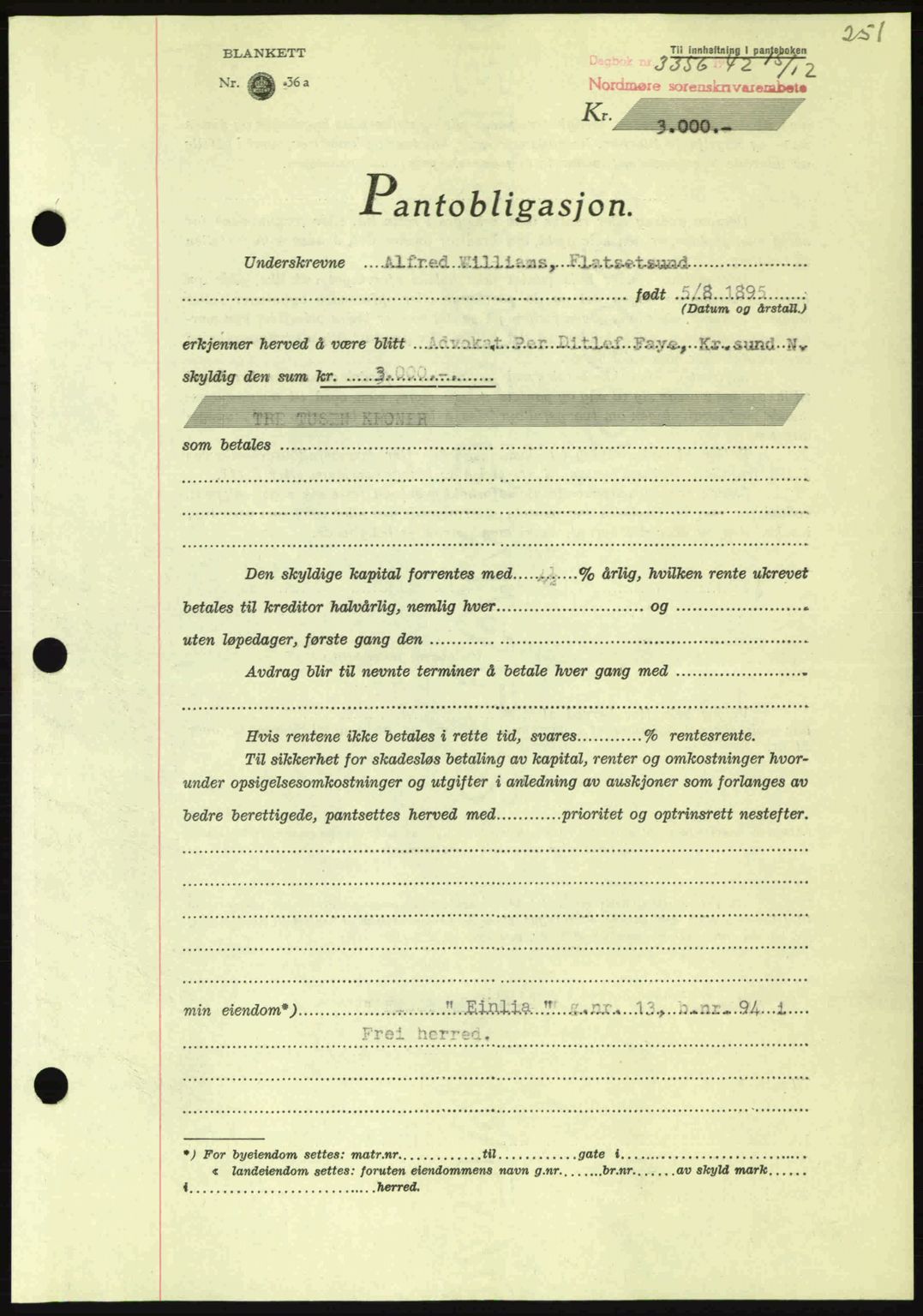 Nordmøre sorenskriveri, AV/SAT-A-4132/1/2/2Ca: Mortgage book no. B90, 1942-1943, Diary no: : 3356/1942