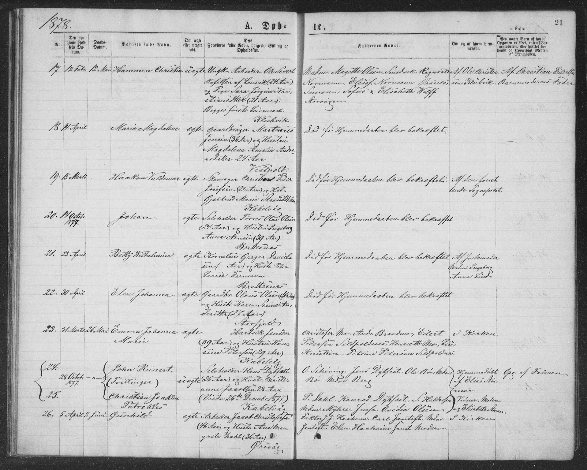 Ministerialprotokoller, klokkerbøker og fødselsregistre - Nordland, AV/SAT-A-1459/874/L1075: Parish register (copy) no. 874C04, 1876-1883, p. 21