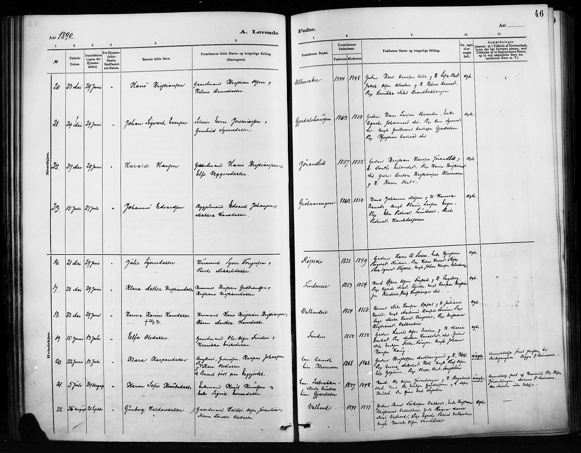 Nordre Land prestekontor, AV/SAH-PREST-124/H/Ha/Haa/L0004: Parish register (official) no. 4, 1882-1896, p. 46