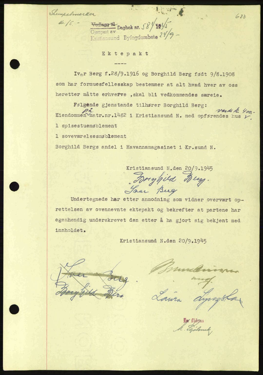 Kristiansund byfogd, SAT/A-4587/A/27: Mortgage book no. 37-38, 1943-1945, Diary no: : 584/1945