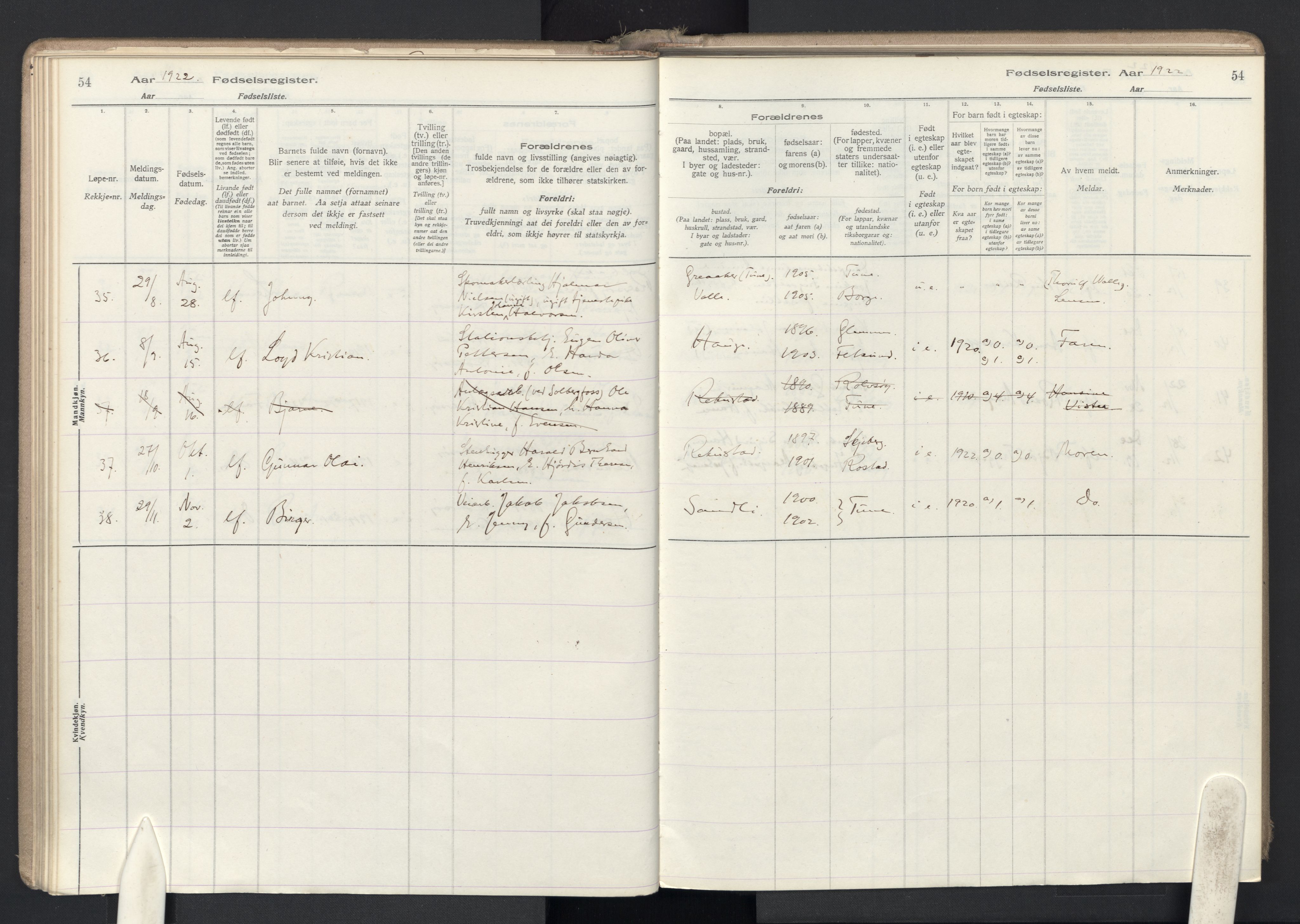 Rolvsøy prestekontor Kirkebøker, AV/SAO-A-2004/J/Ja/L0001: Birth register no. 1, 1916-1946, p. 54