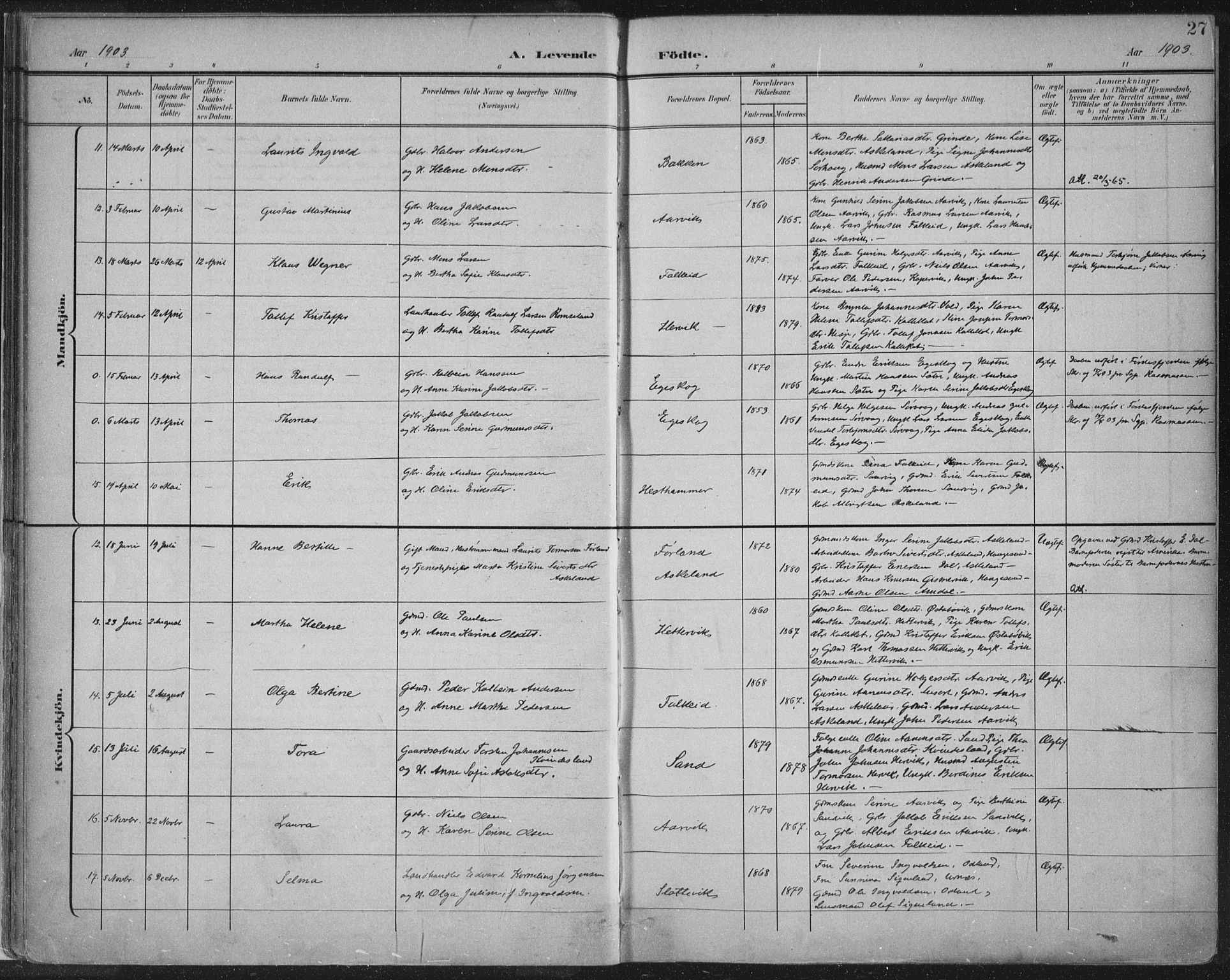 Tysvær sokneprestkontor, AV/SAST-A -101864/H/Ha/Haa/L0008: Parish register (official) no. A 8, 1897-1918, p. 27