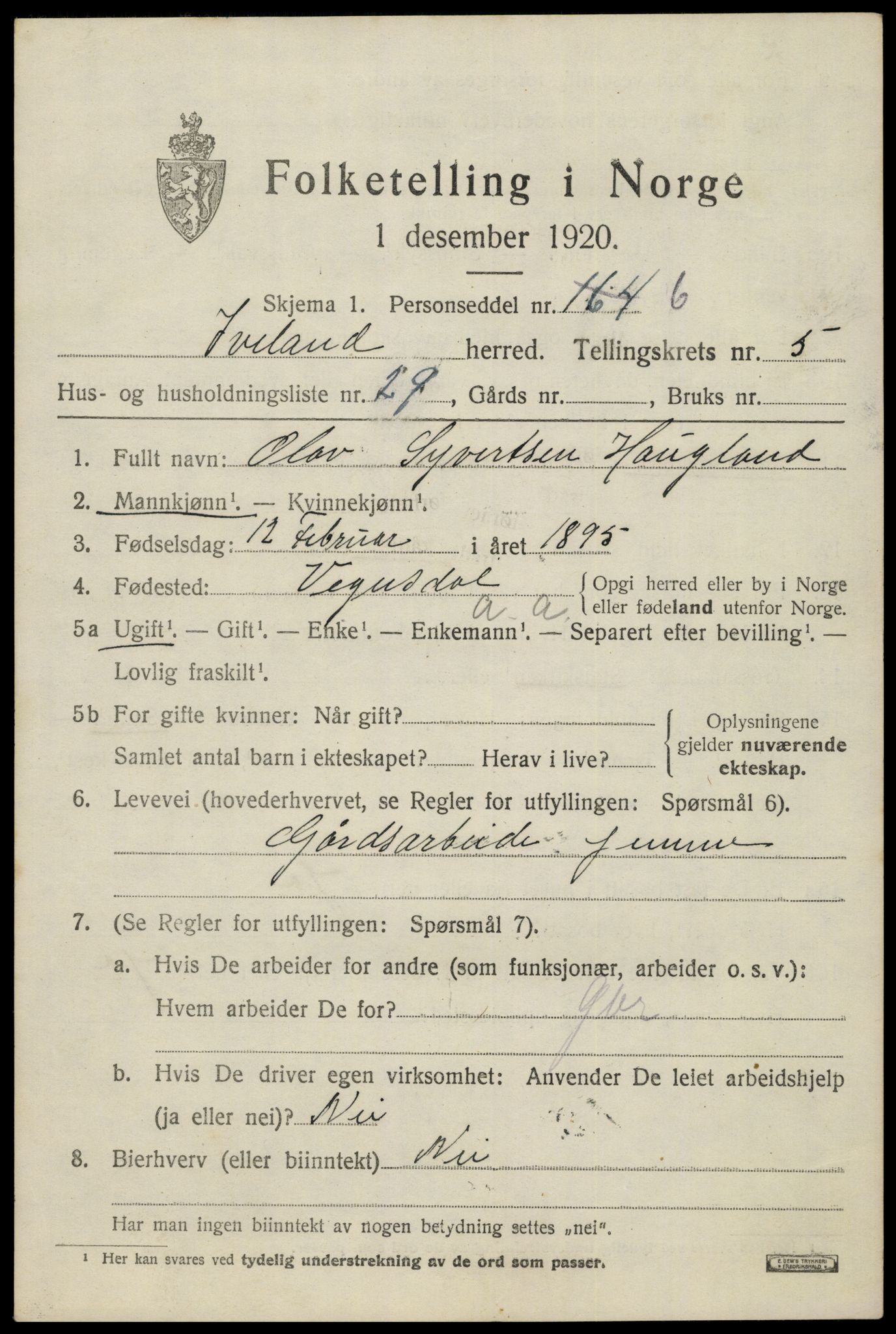 SAK, 1920 census for Iveland, 1920, p. 1911