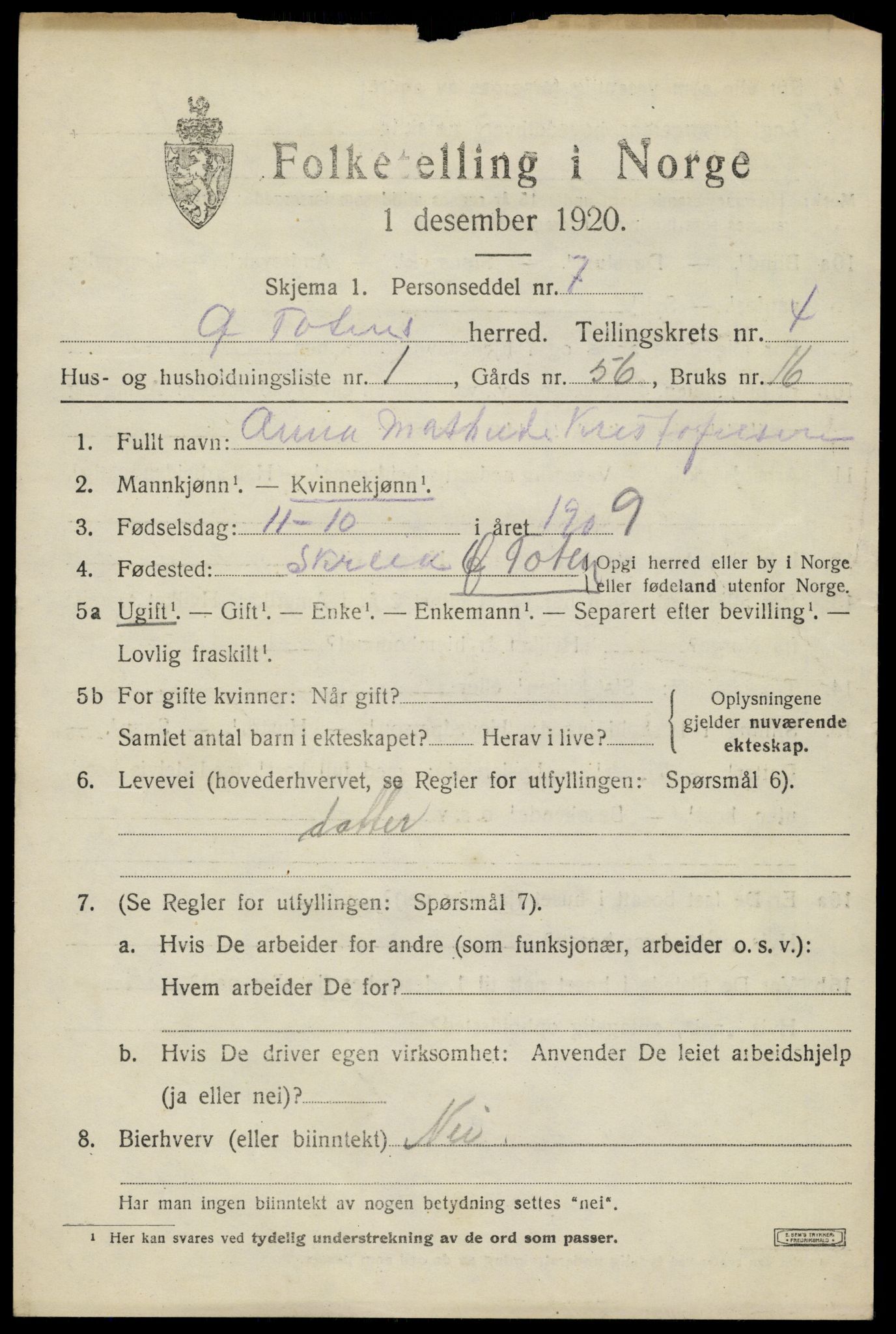 SAH, 1920 census for Østre Toten, 1920, p. 8580