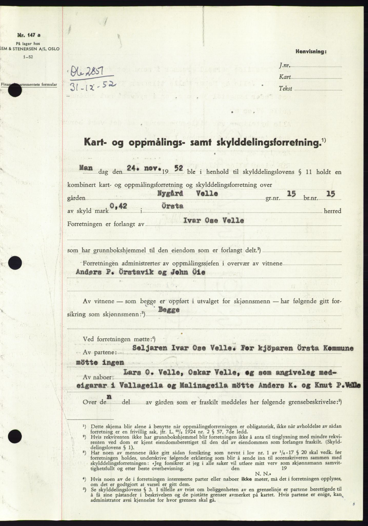 Søre Sunnmøre sorenskriveri, SAT/A-4122/1/2/2C/L0093: Mortgage book no. 19A, 1952-1953, Diary no: : 2851/1952