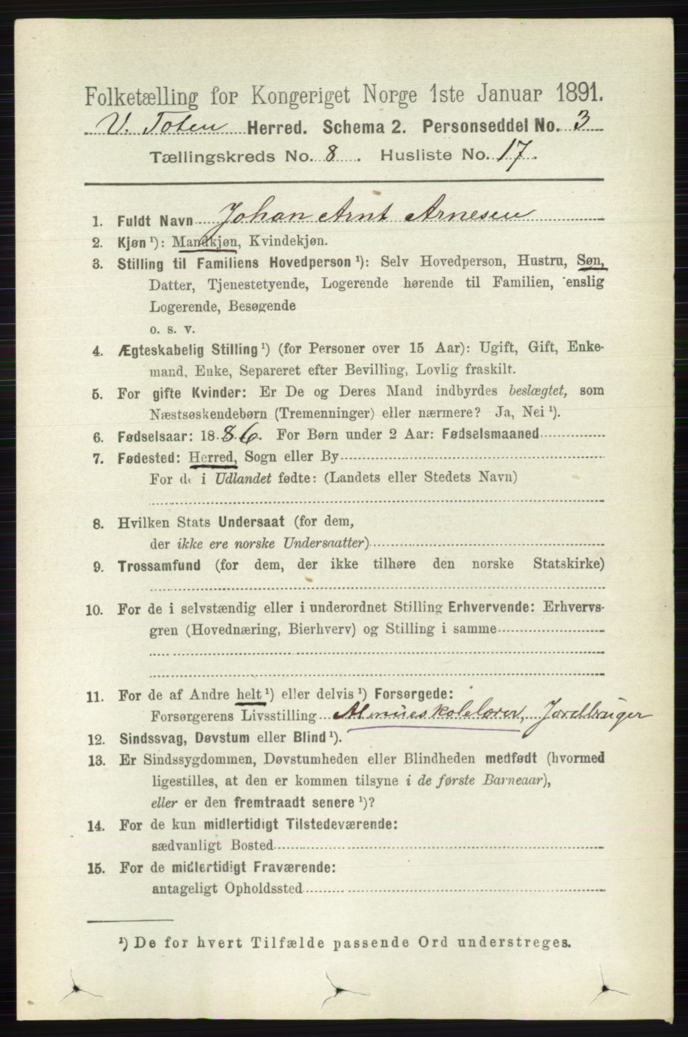 RA, 1891 census for 0529 Vestre Toten, 1891, p. 5096