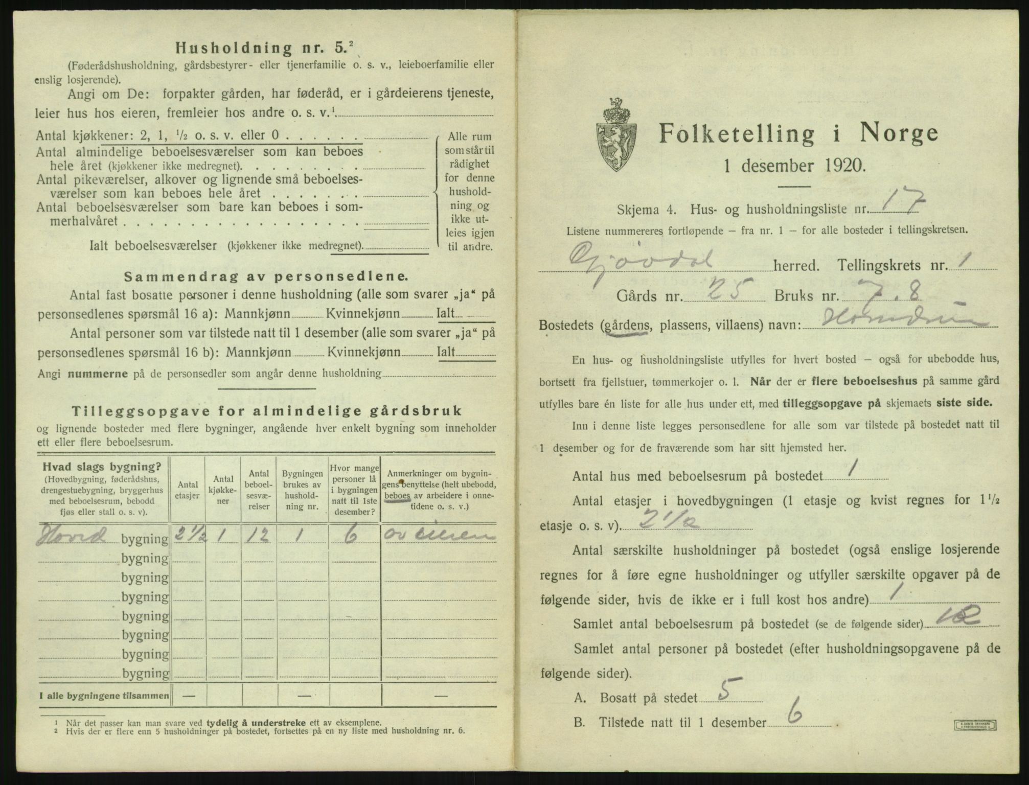 SAK, 1920 census for Gjøvdal, 1920, p. 54