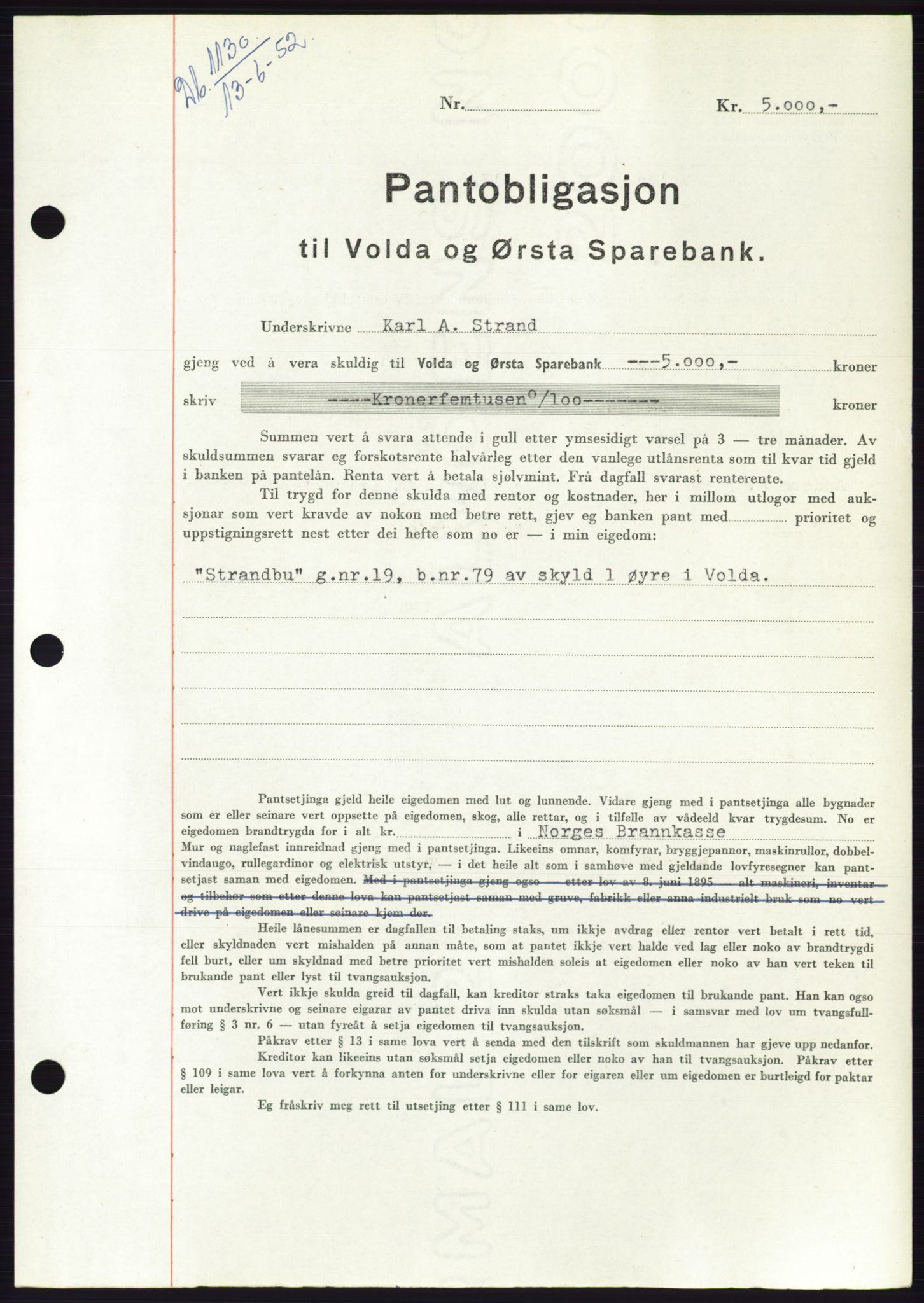 Søre Sunnmøre sorenskriveri, AV/SAT-A-4122/1/2/2C/L0121: Mortgage book no. 9B, 1951-1952, Diary no: : 1130/1952