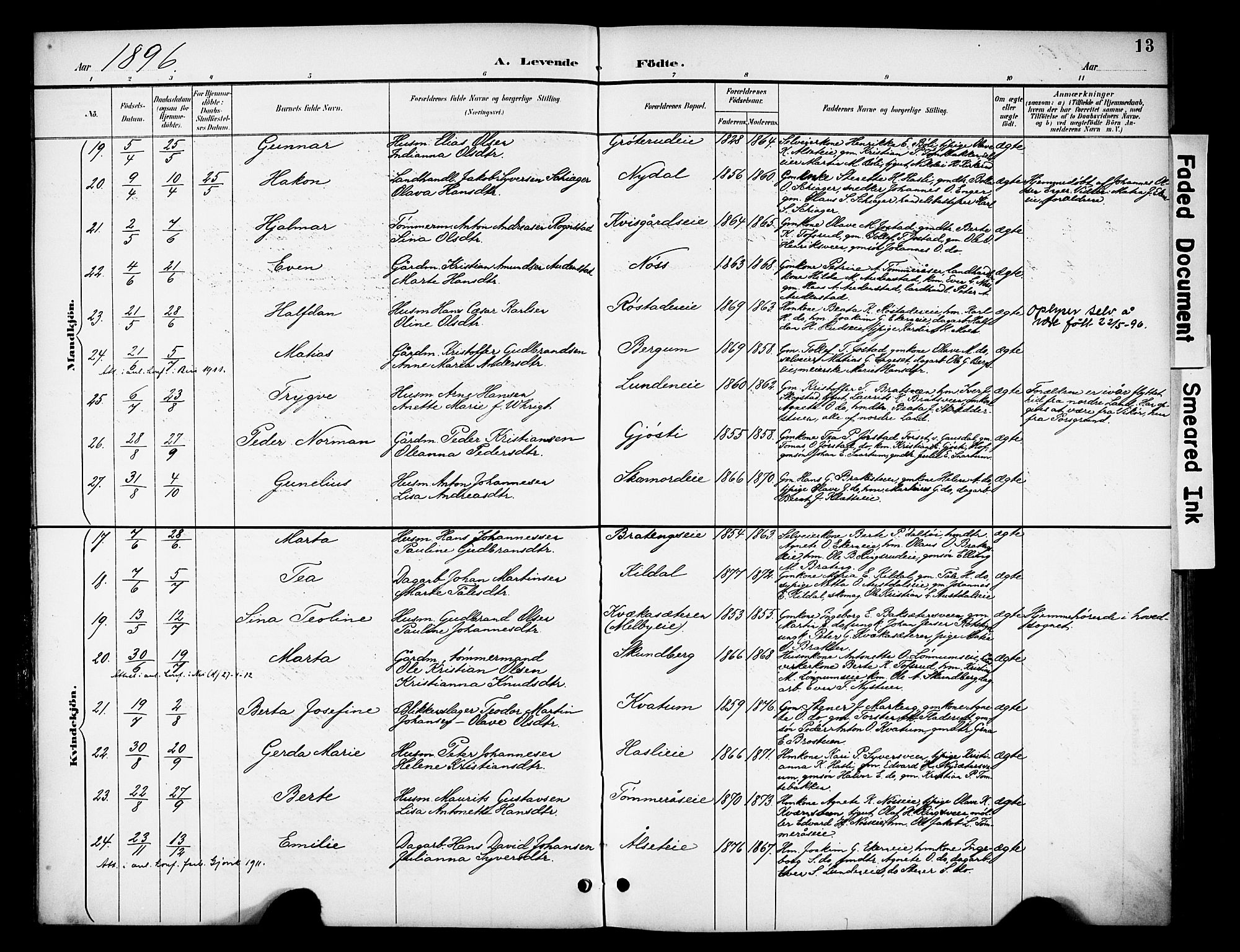 Biri prestekontor, SAH/PREST-096/H/Ha/Haa/L0008: Parish register (official) no. 8, 1894-1901, p. 13