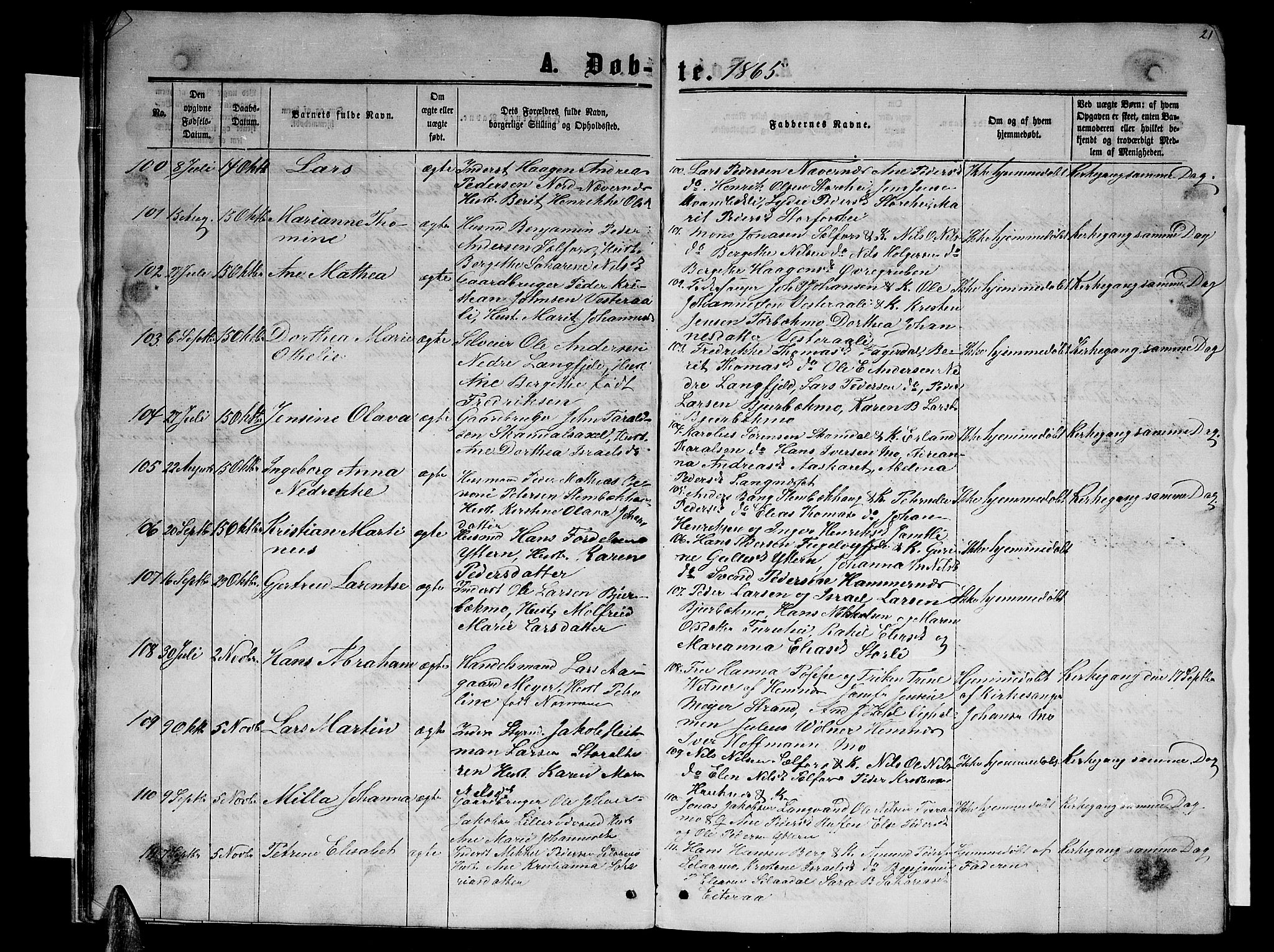 Ministerialprotokoller, klokkerbøker og fødselsregistre - Nordland, SAT/A-1459/827/L0415: Parish register (copy) no. 827C04, 1864-1886, p. 21
