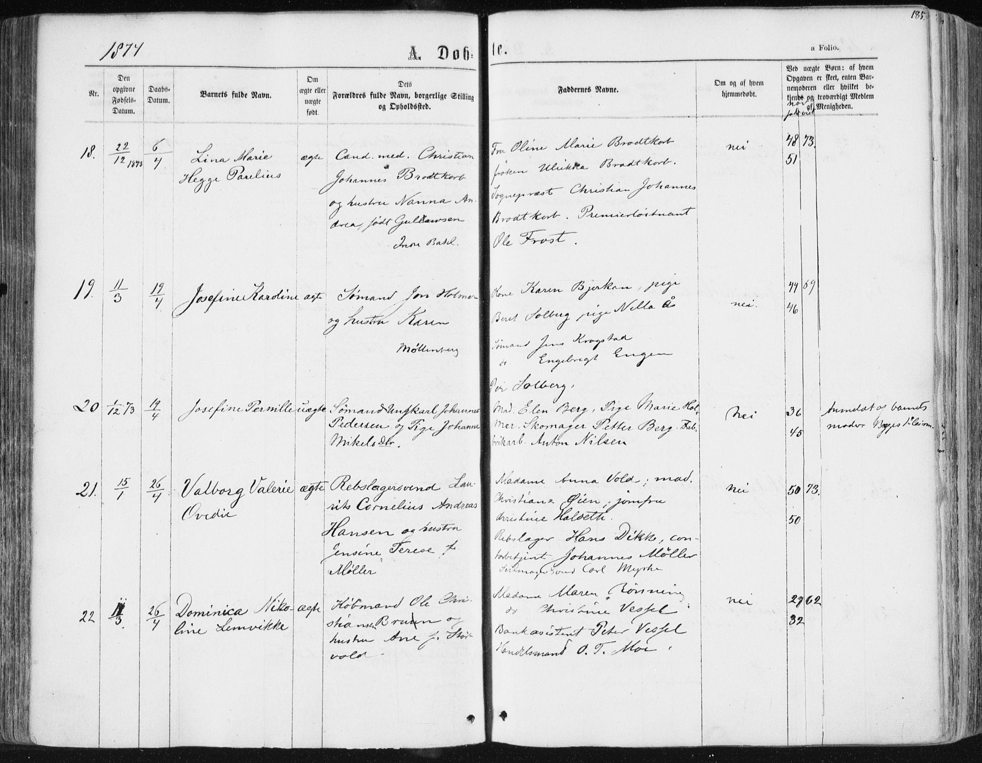 Ministerialprotokoller, klokkerbøker og fødselsregistre - Sør-Trøndelag, AV/SAT-A-1456/604/L0186: Parish register (official) no. 604A07, 1866-1877, p. 185