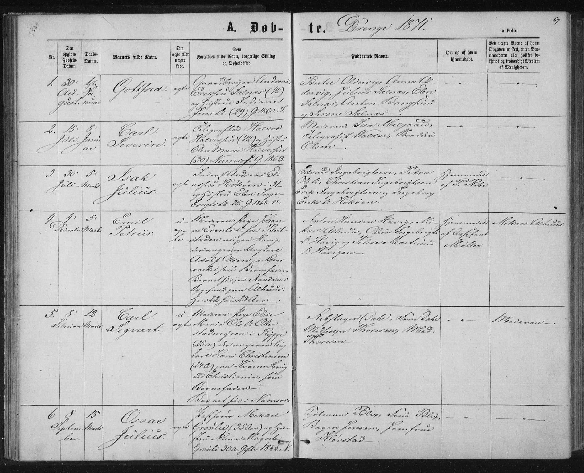 Ministerialprotokoller, klokkerbøker og fødselsregistre - Nord-Trøndelag, AV/SAT-A-1458/768/L0570: Parish register (official) no. 768A05, 1865-1874, p. 67