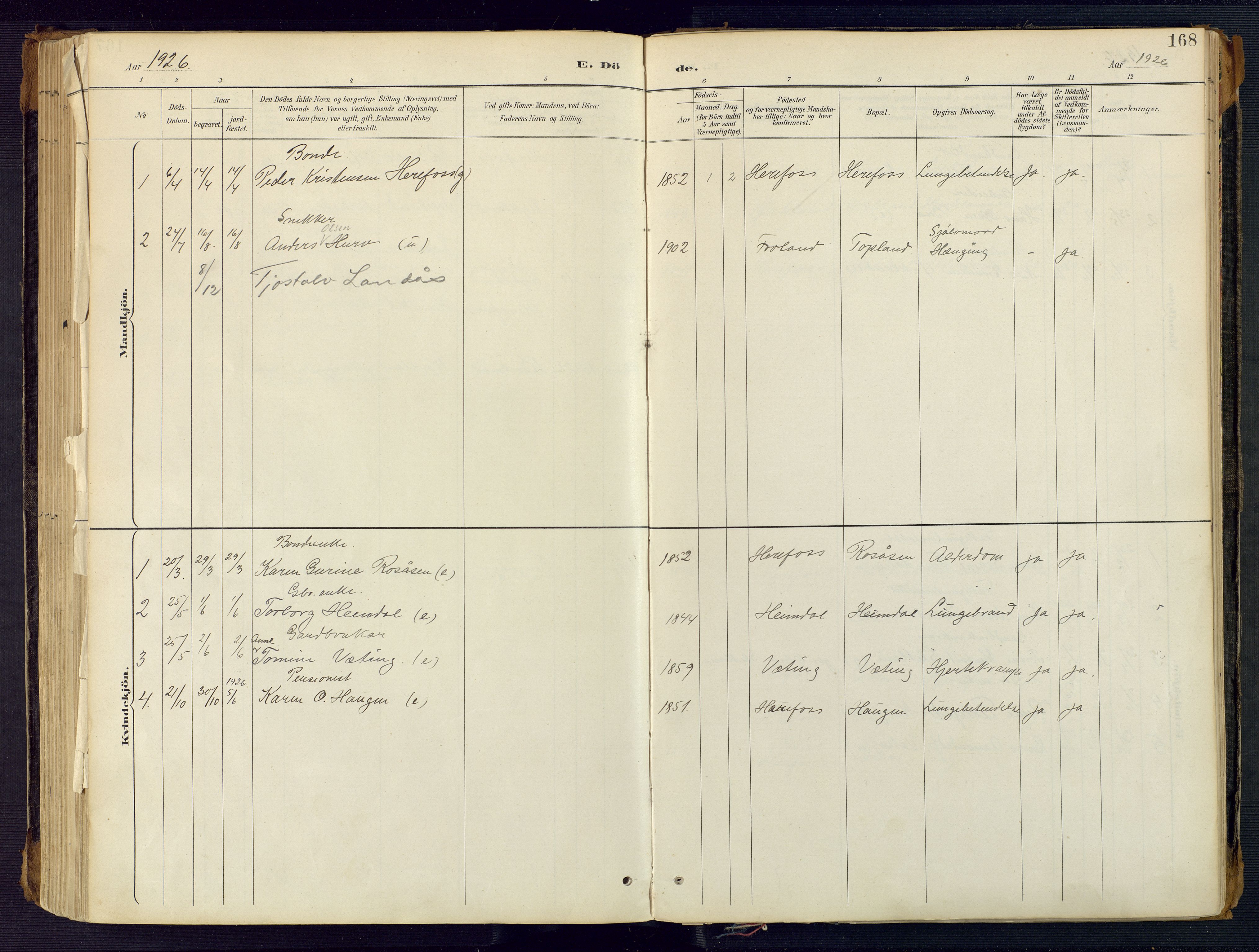 Herefoss sokneprestkontor, SAK/1111-0019/F/Fa/Faa/L0003: Parish register (official) no. A 3, 1887-1930, p. 168