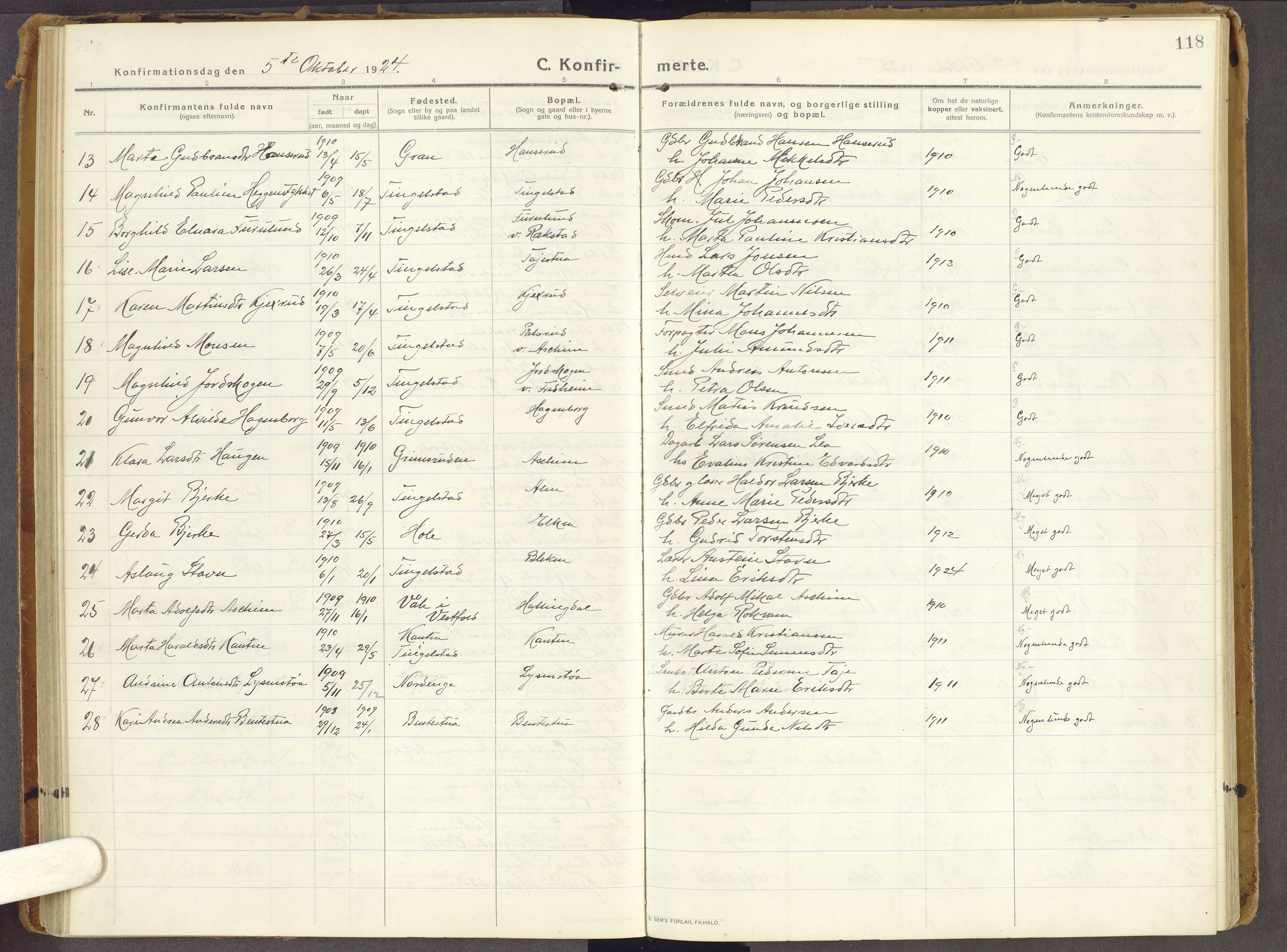 Brandbu prestekontor, SAH/PREST-114/H/Ha/Haa/L0003: Parish register (official) no. 3, 1914-1928, p. 118
