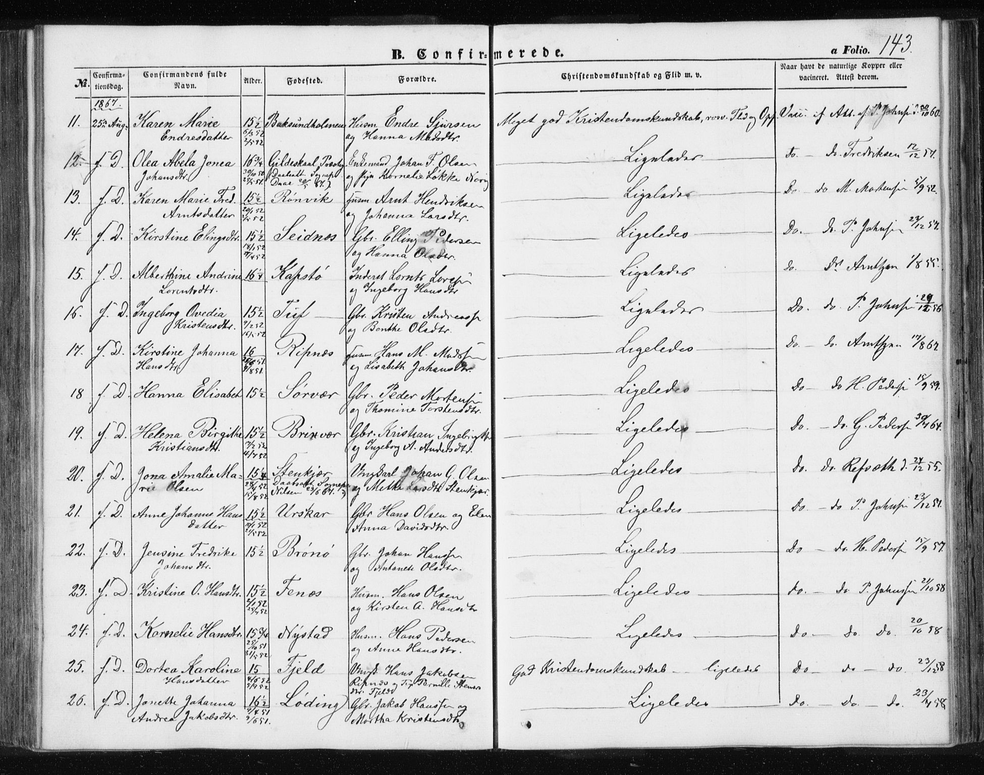 Ministerialprotokoller, klokkerbøker og fødselsregistre - Nordland, AV/SAT-A-1459/801/L0028: Parish register (copy) no. 801C03, 1855-1867, p. 143