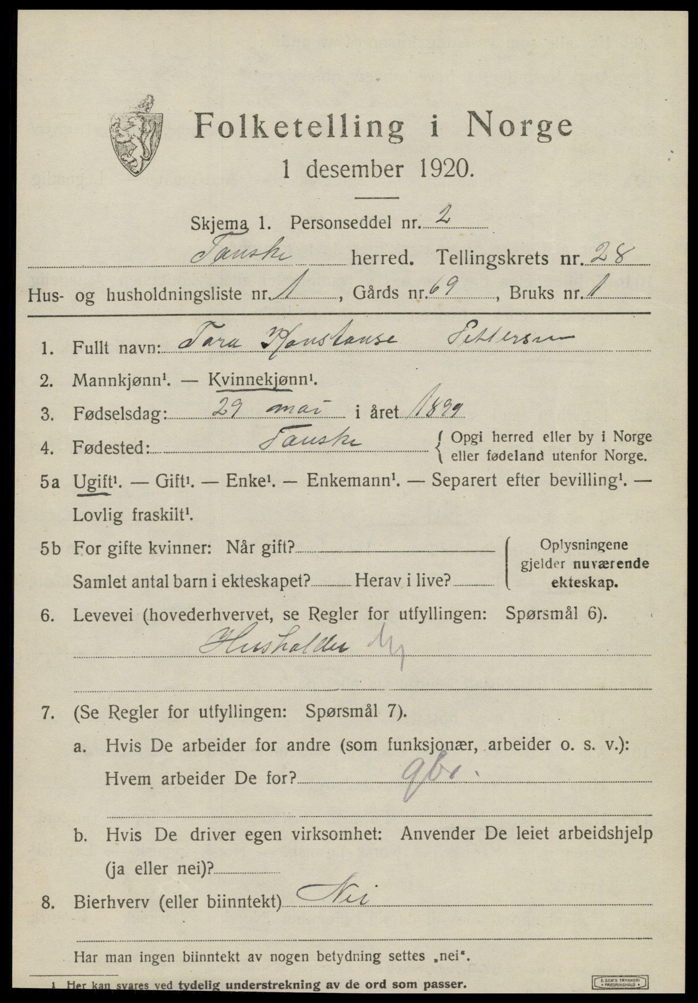 SAT, 1920 census for Fauske, 1920, p. 16958