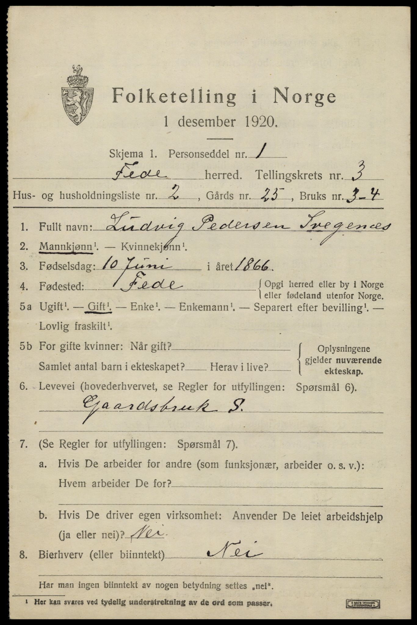 SAK, 1920 census for Feda, 1920, p. 1719