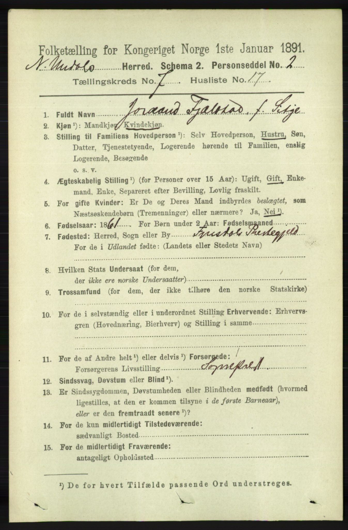 RA, 1891 census for 1028 Nord-Audnedal, 1891, p. 1885